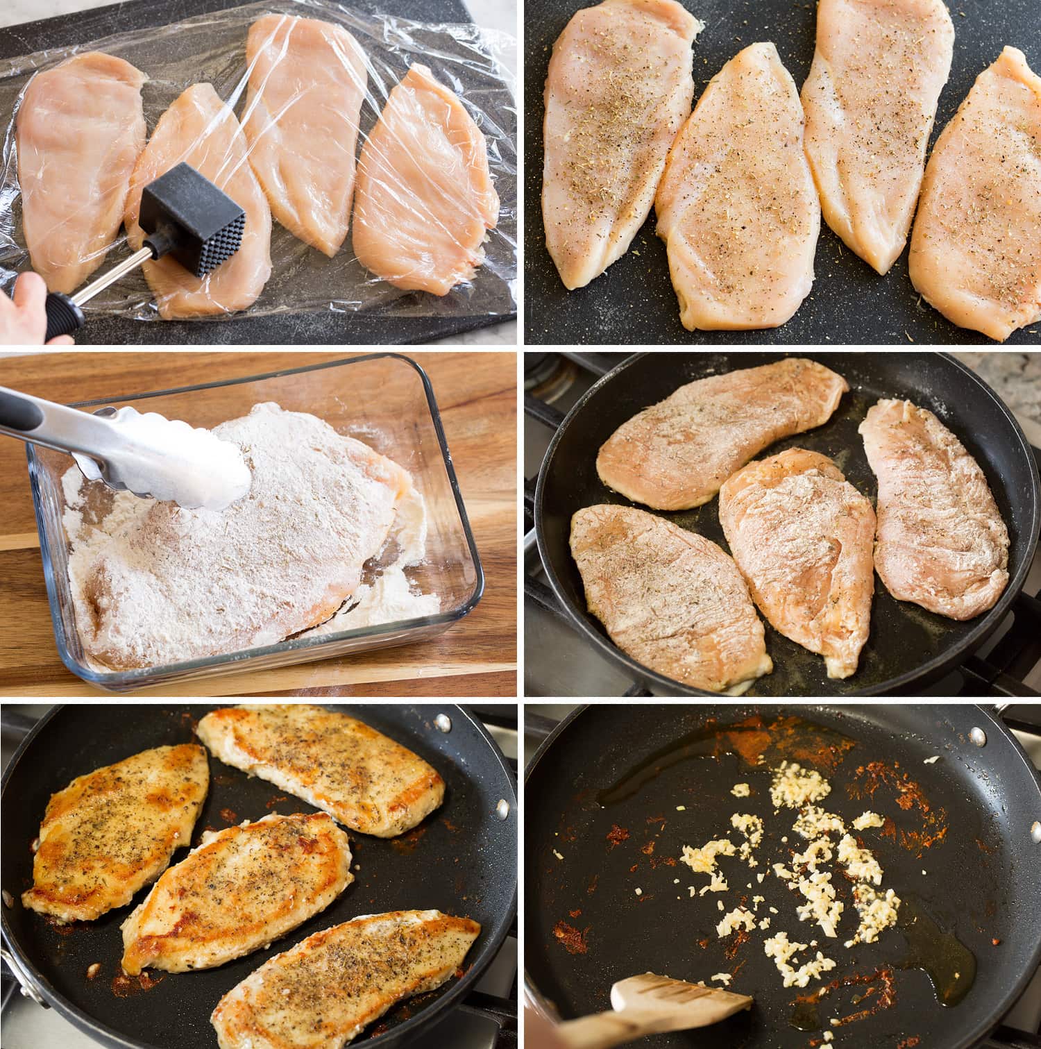 Marry Me Chicken Six steps showing how to prepare and pan sear chicken breasts.