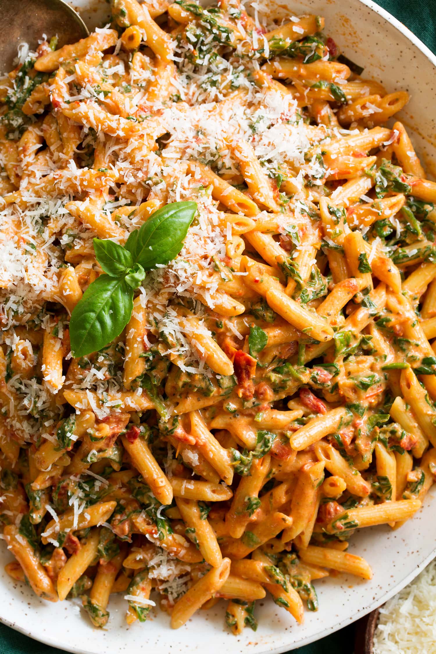 Sun Dried Tomato Pasta Sun Dried Tomato Pasta shown close up overhead.