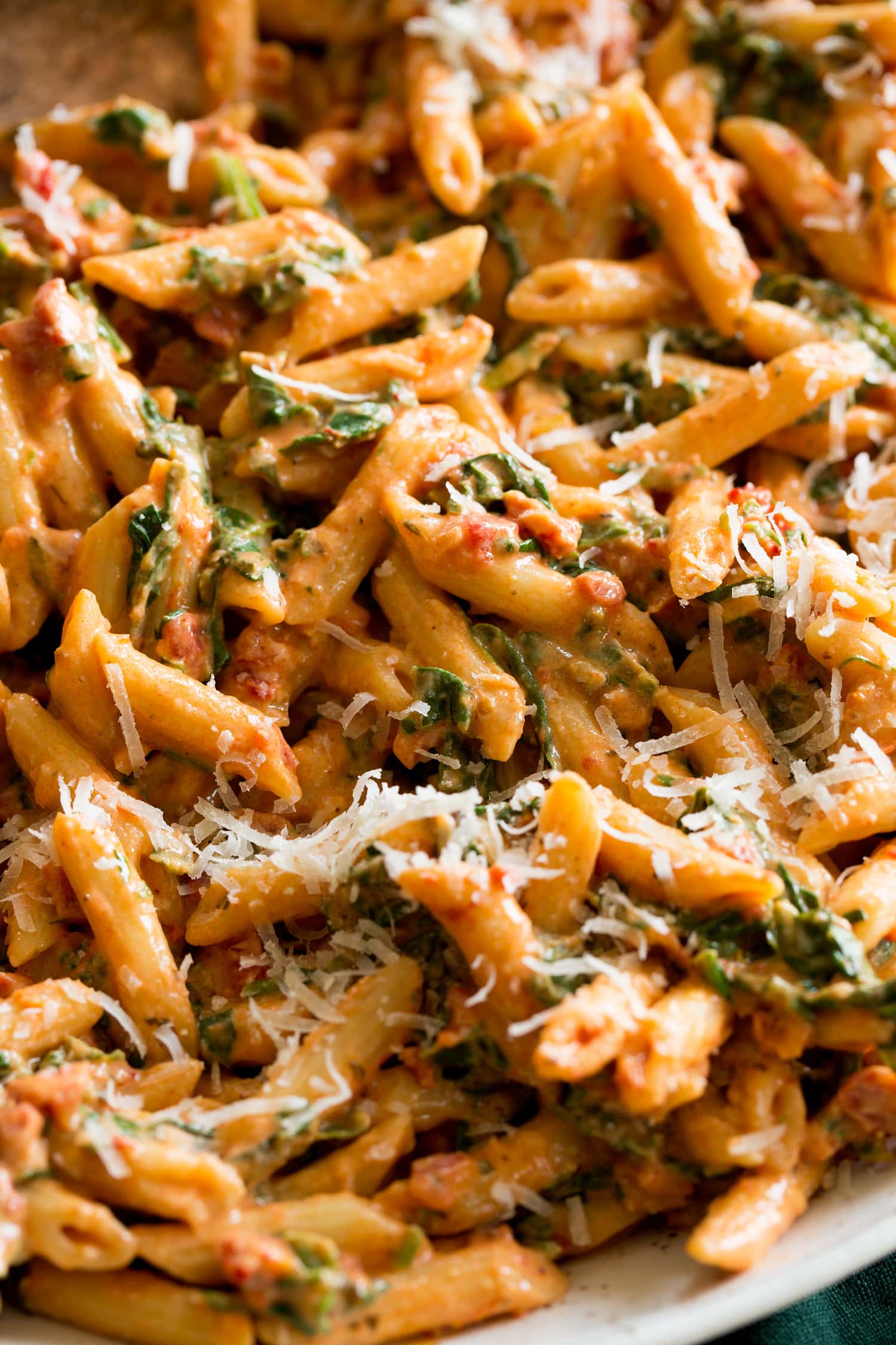 Sun Dried Tomato Pasta Sun dried tomato pasta shown from side angle.