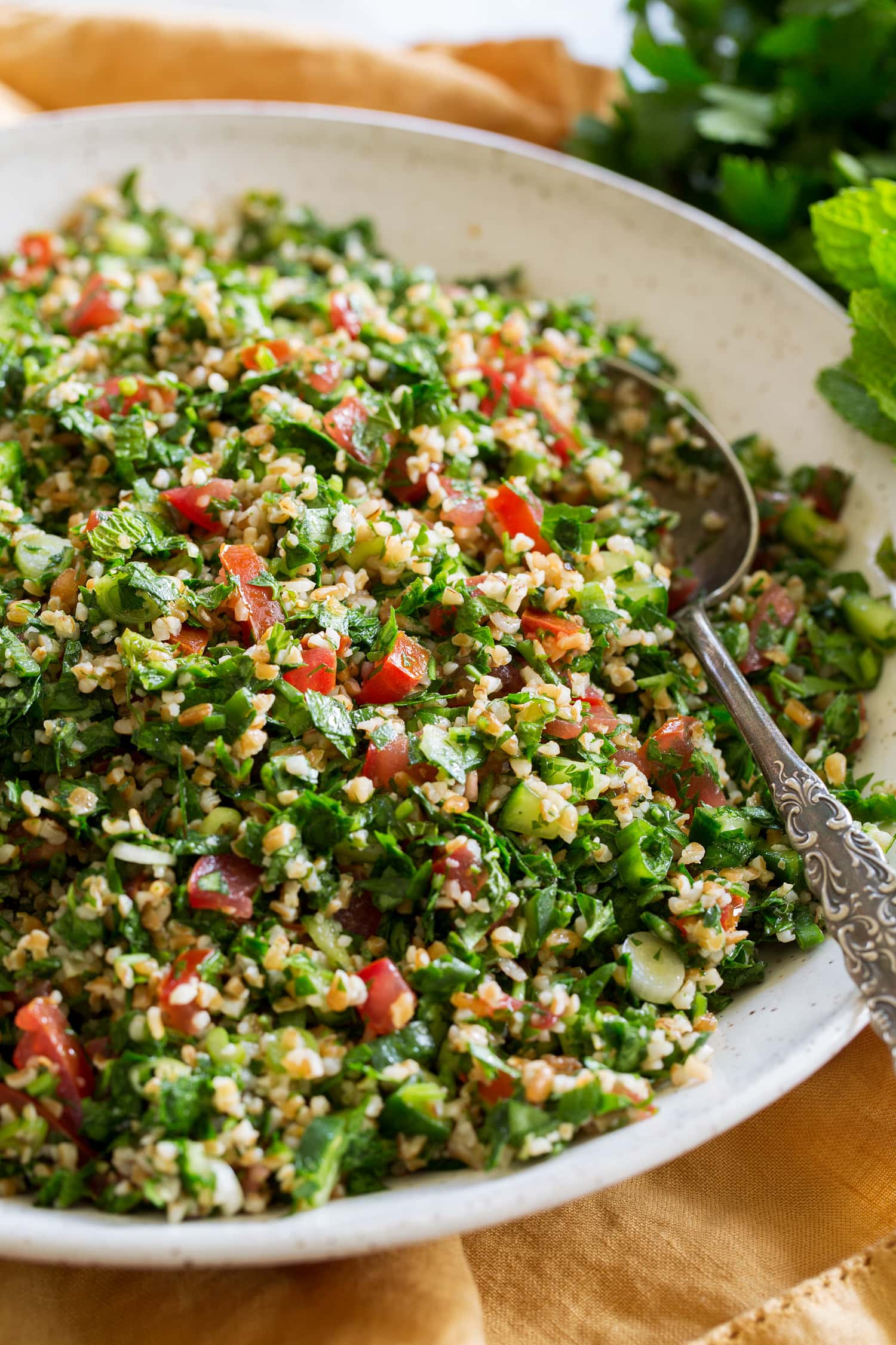 Tabbouleh Close up photo of tabbouleh.