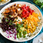 Chicken burrito bowl with cilantro lime rice.