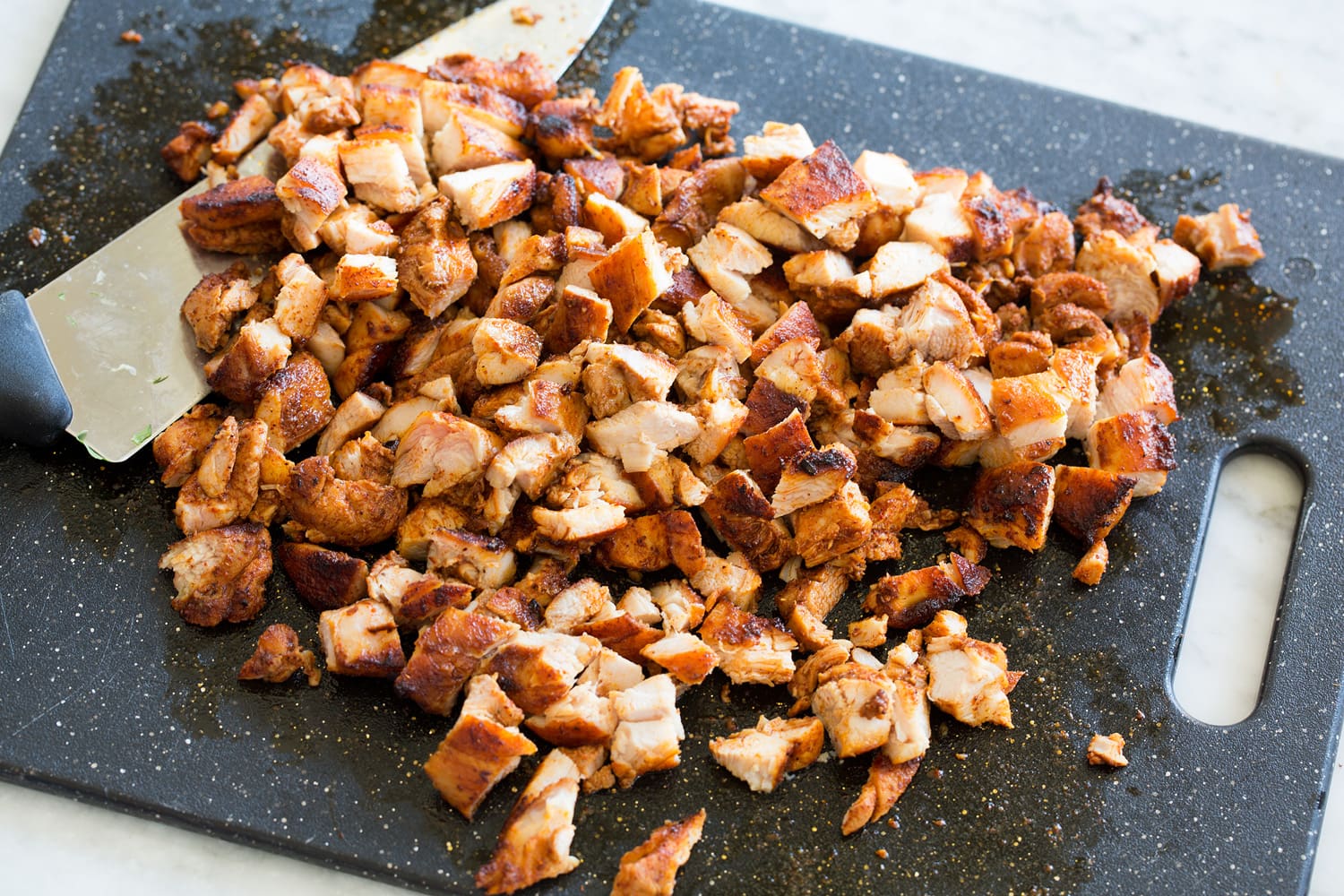 Chicken Taco Salad Chopping Mexican chicken.