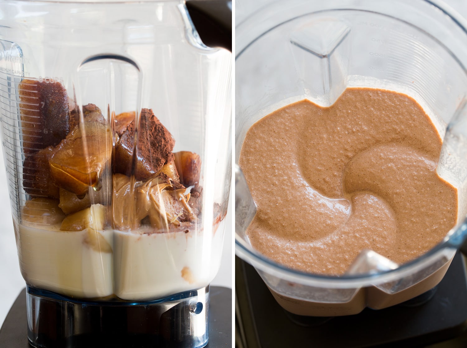Coffee Smoothie Coffee smoothie ingredients in blender before and after blending.