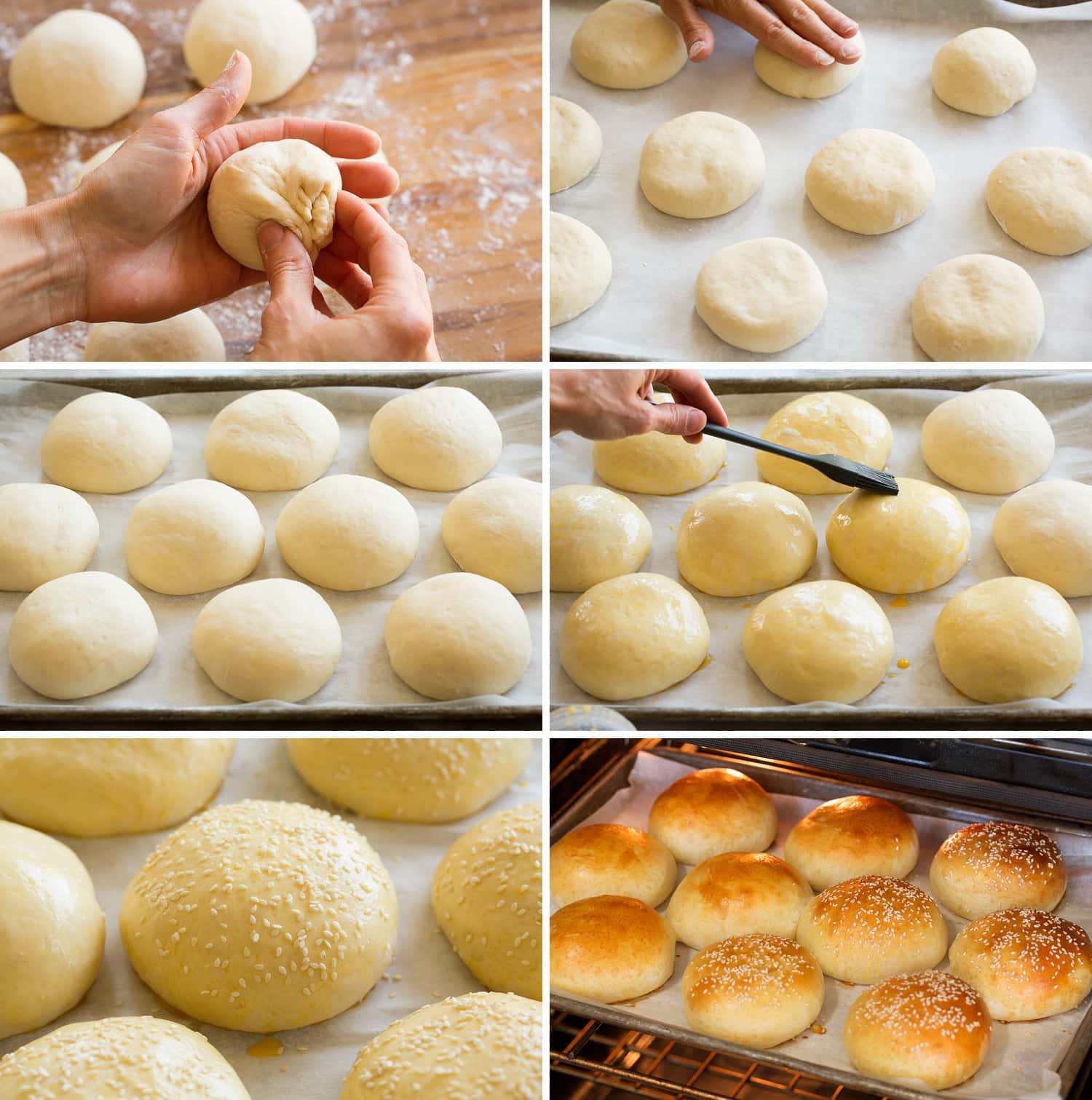 Homemade Hamburger Buns Steps of shaping and rising hamburger buns.