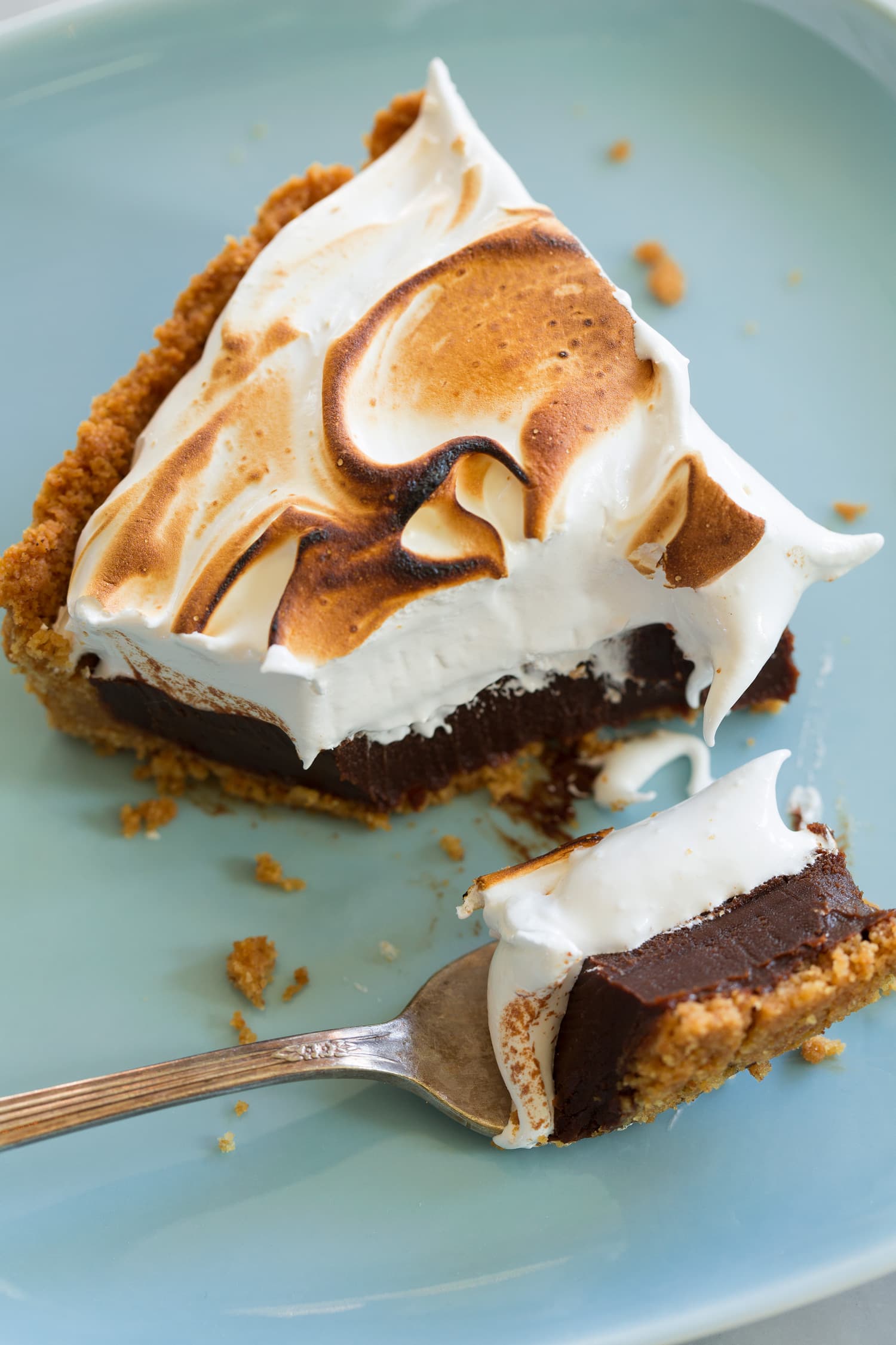 S'mores pie Pie slice cut into with fork.