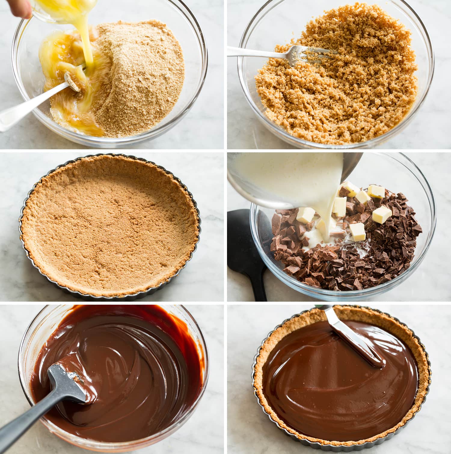 S'mores Pie Steps of making graham cracker crust and chocolate filling for pie.