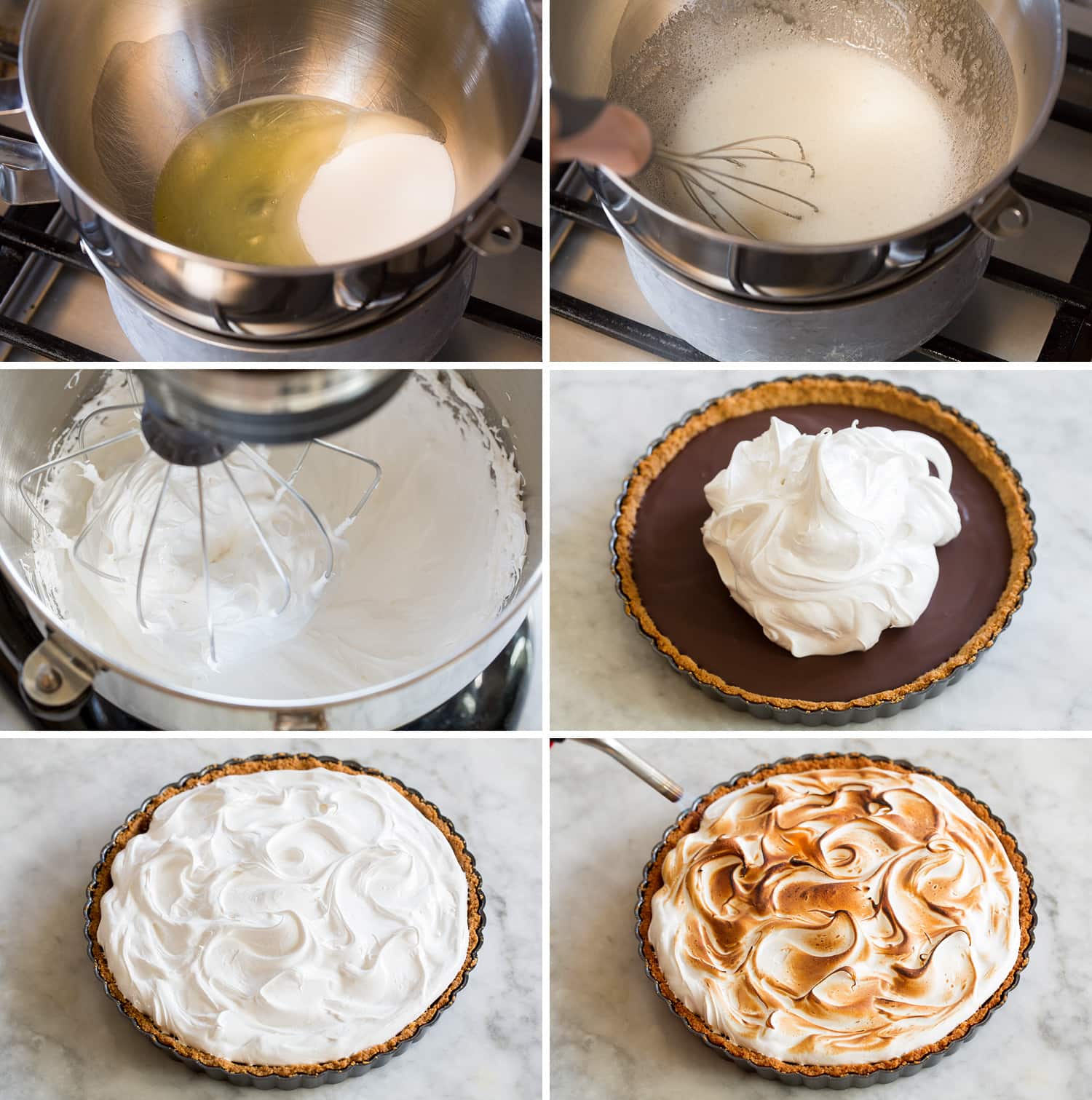 S'mores Pie Making meringue for s'mores pie, spreading over pie and toasting.