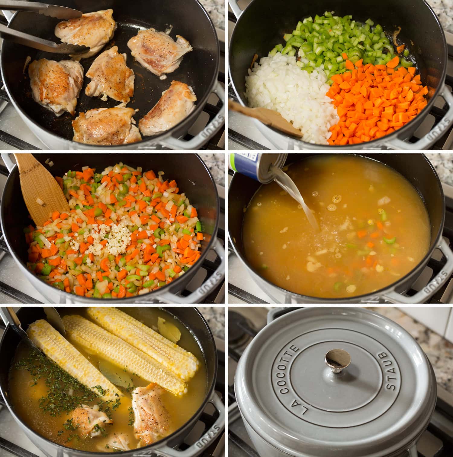 Chicken Corn Soup Six steps of browning chicken, sautéing vegtables and simmering soup.