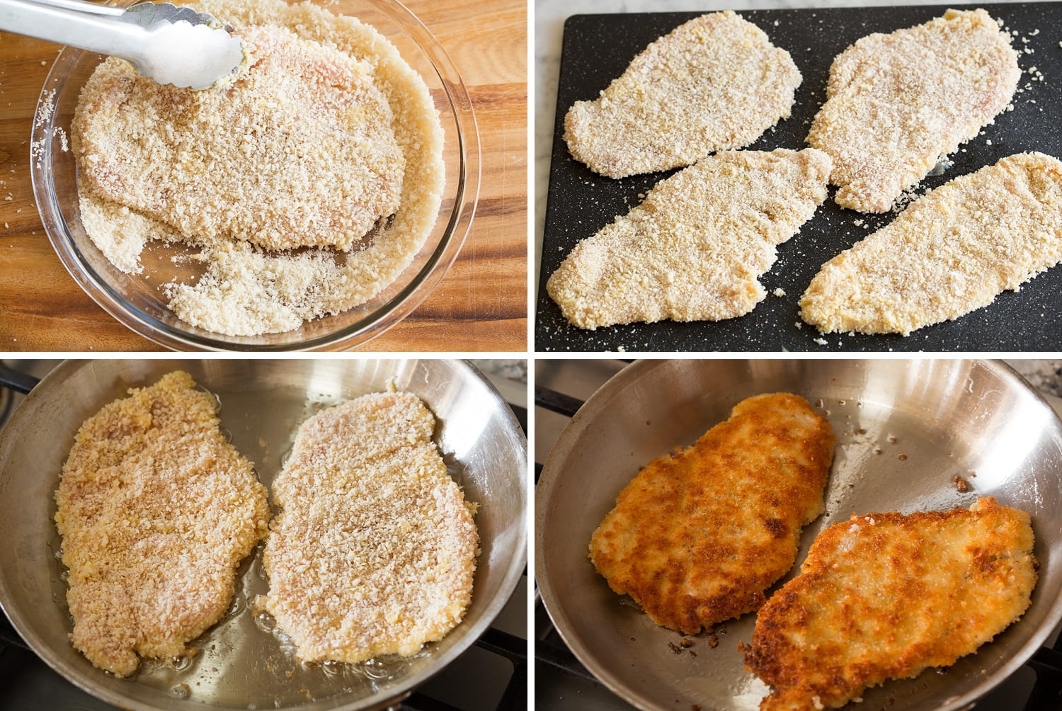 Chicken Schnitzel Frying chicken schnitzel in a skillet.