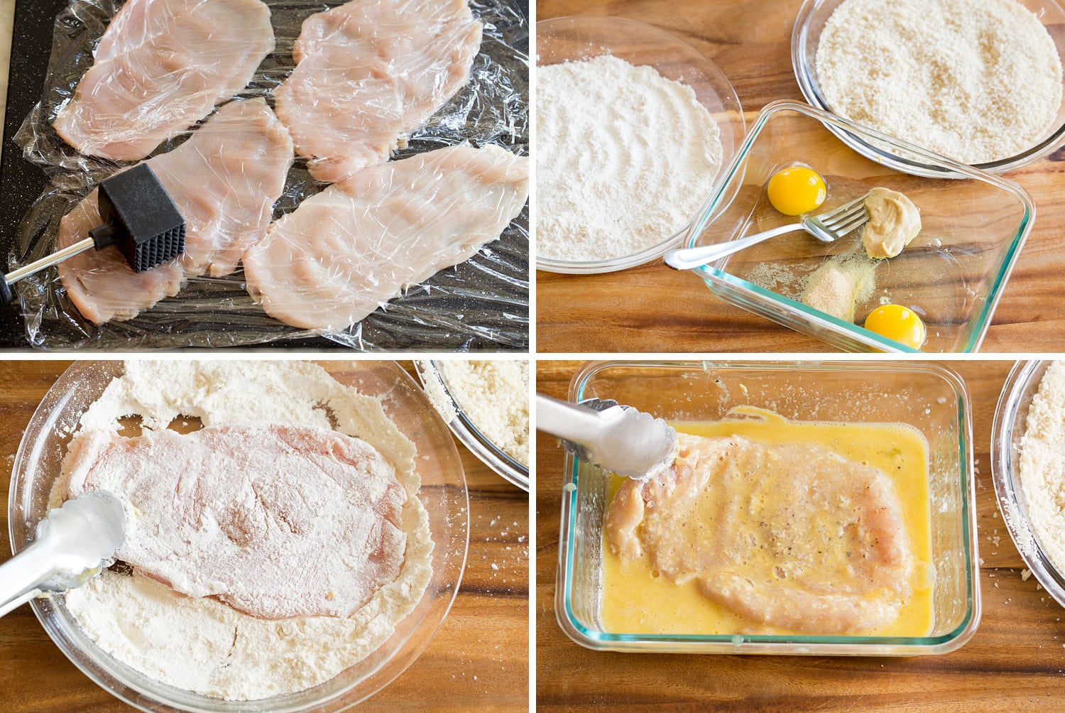 Chicken Schnitzel Steps showing how to bread chicken schnitzel.