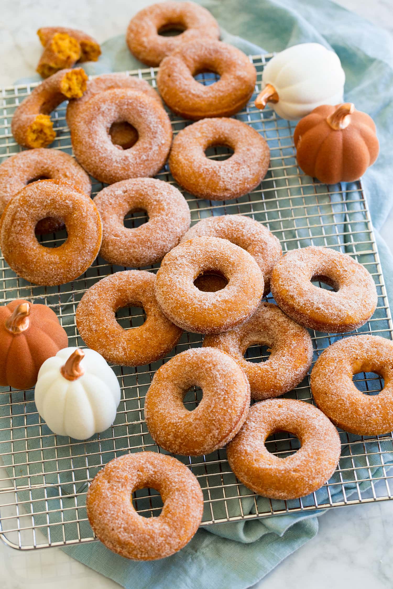 Pumpkin Donuts Lots of pumpkin donuts atop a cooling rack.