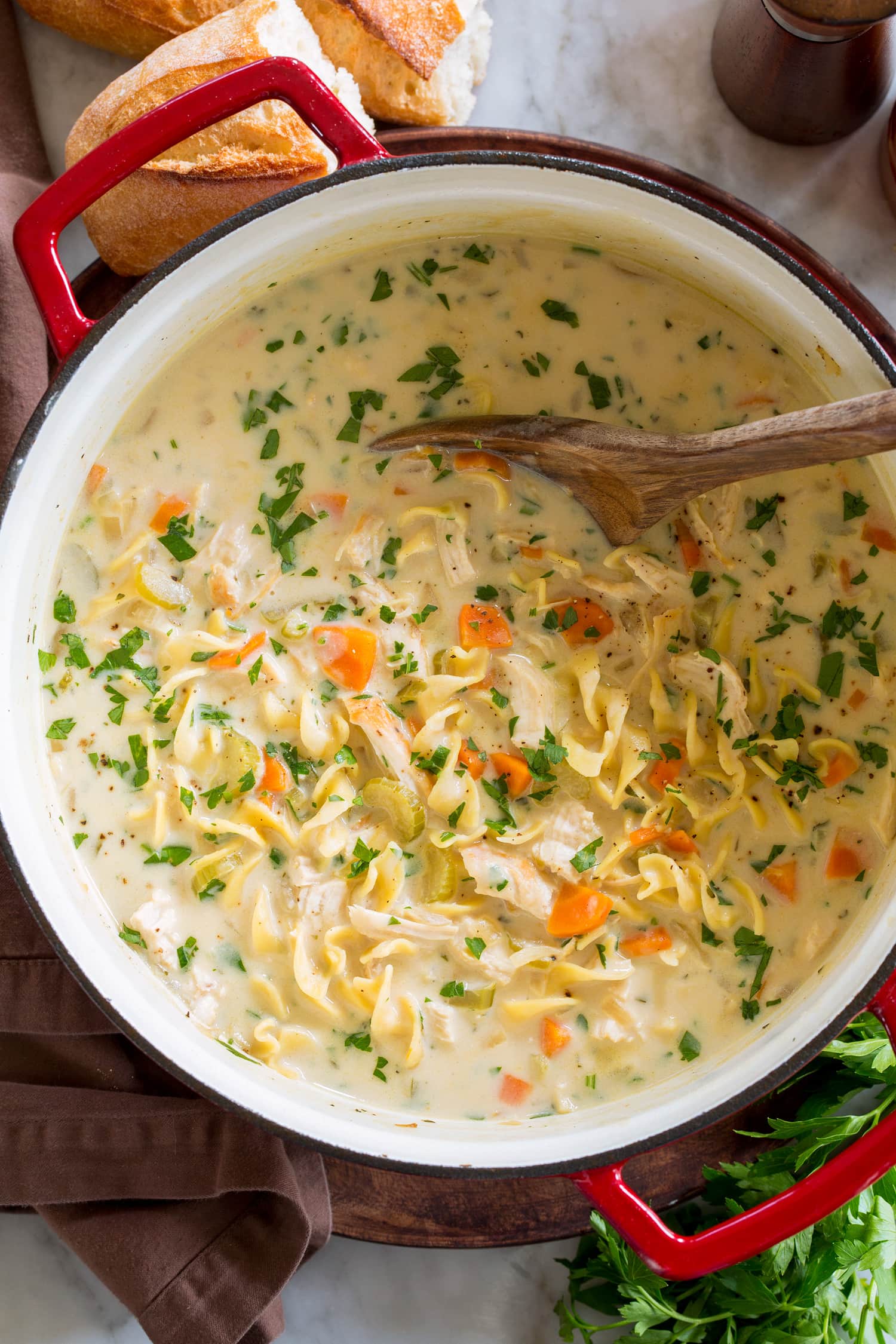 Creamy Chicken Noodle Soup Overhead photos of chicken noodle soup with cream.