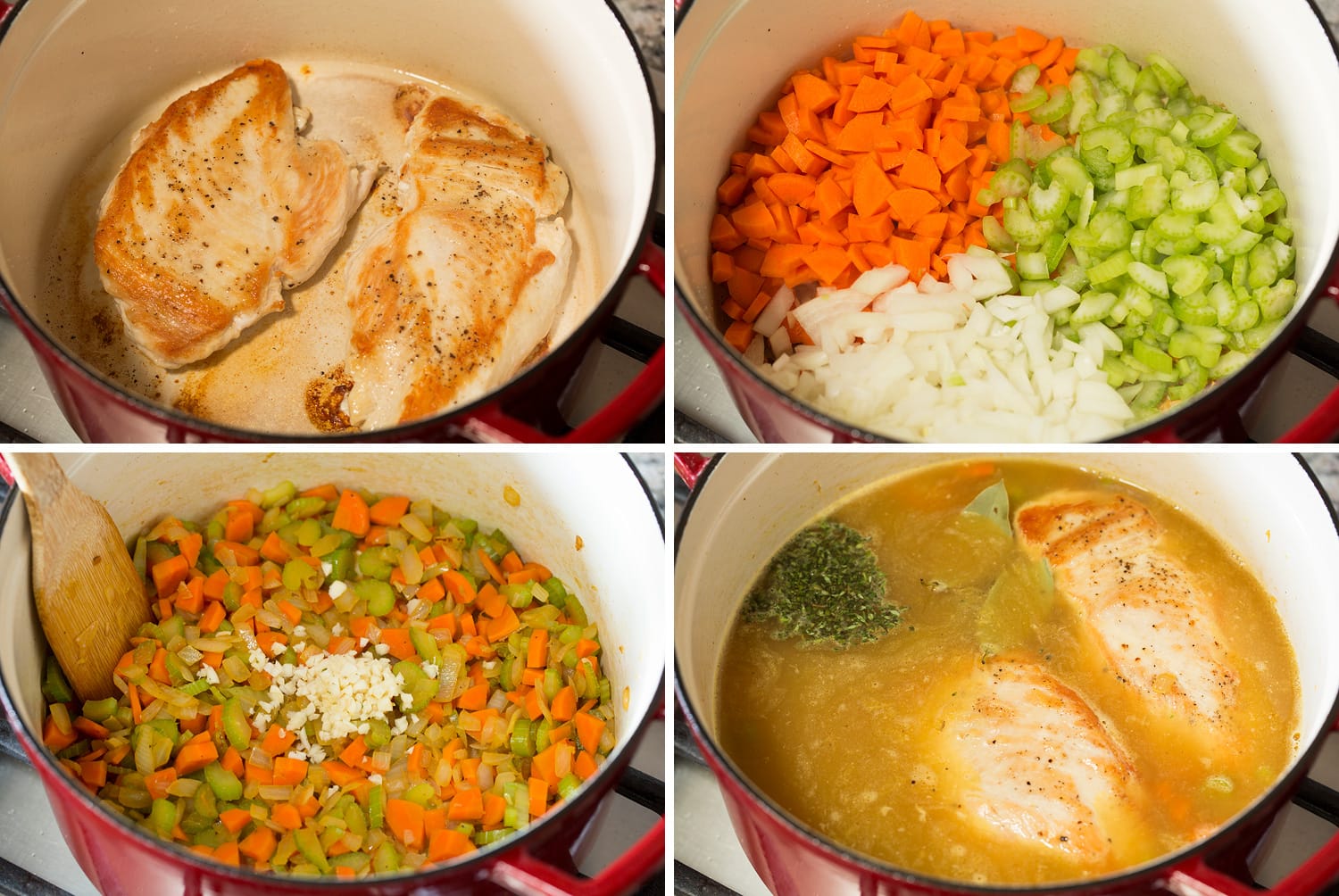 Creamy Chicken Noodle Soup Steps to brown chicken breasts for soup, saute vegetables and add broth.