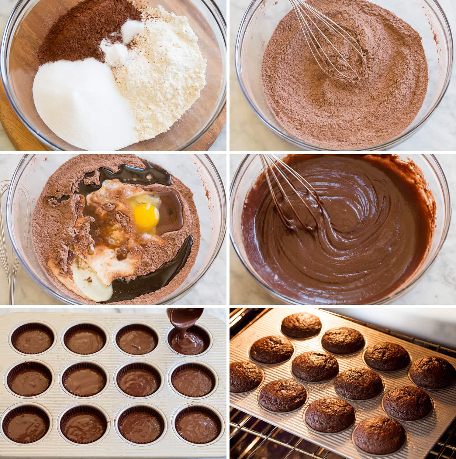 Halloween Cupcakes Steps of making easy chocolate cupcake batter and baking.