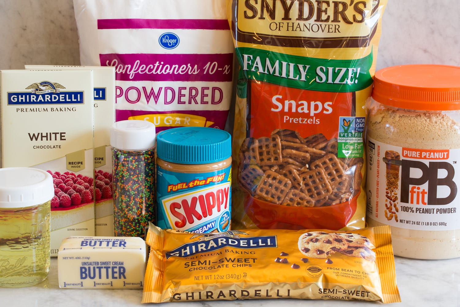 Chocolate Covered Peanut Butter Pretzel Bites Ingredients used to make peanut butter pretzels.