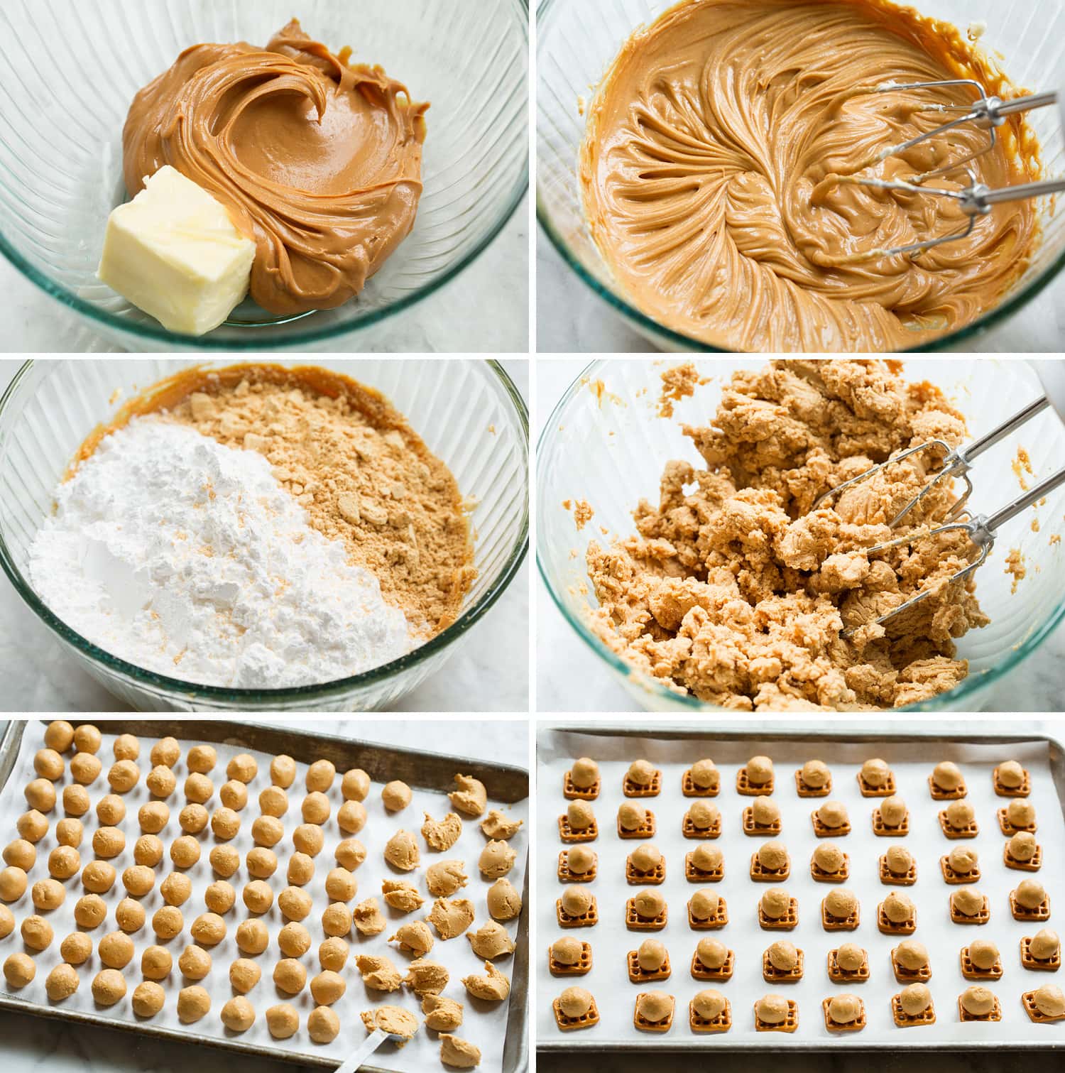 Peanut Butter Pretzel Bites Steps of mixing sweetened peanut butter filling, rolling and placing on snap pretzels.