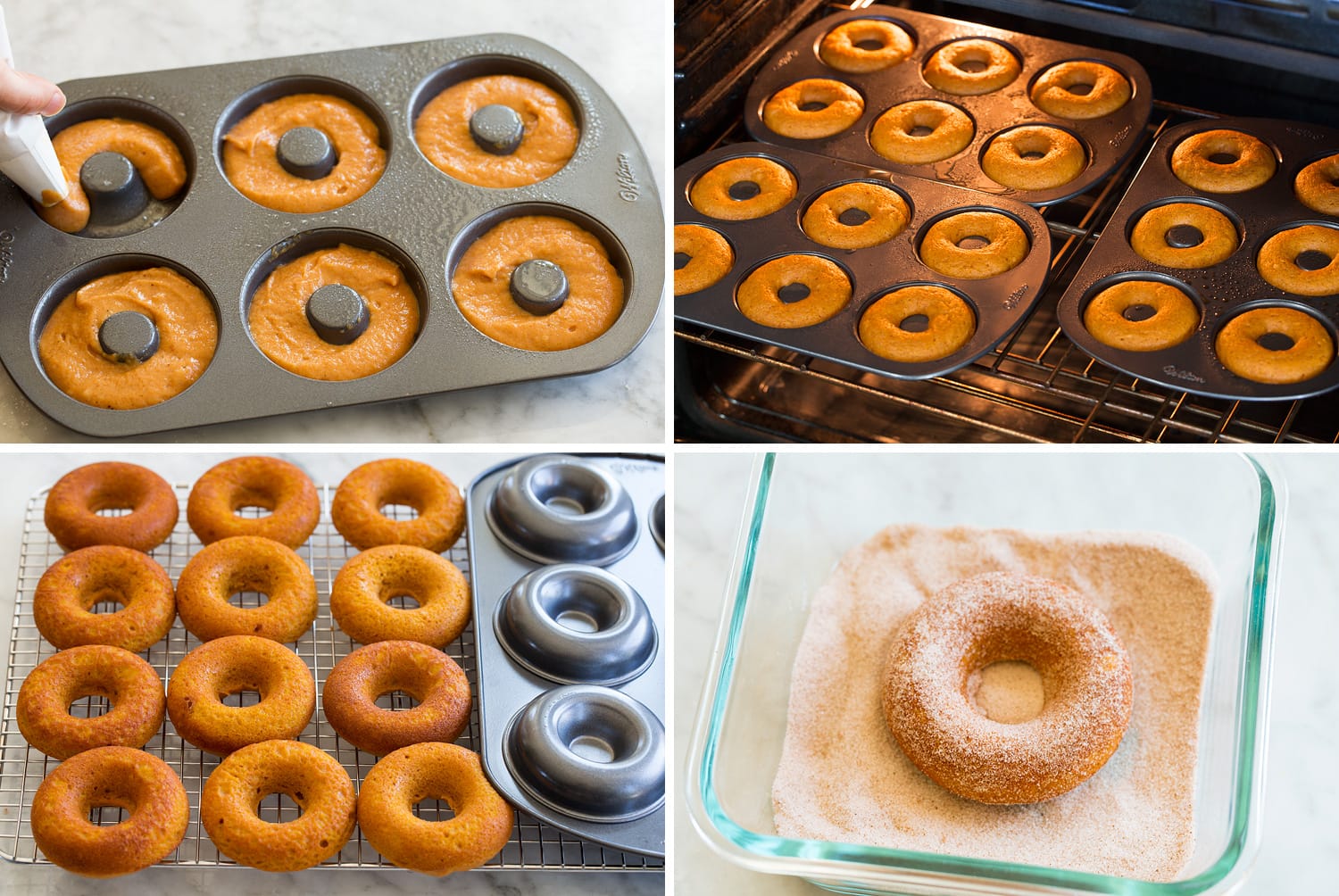 Pumpkin Donuts Four photos showing steps of filing donut pan, baking, cooling and coating with cinnamon sugar.