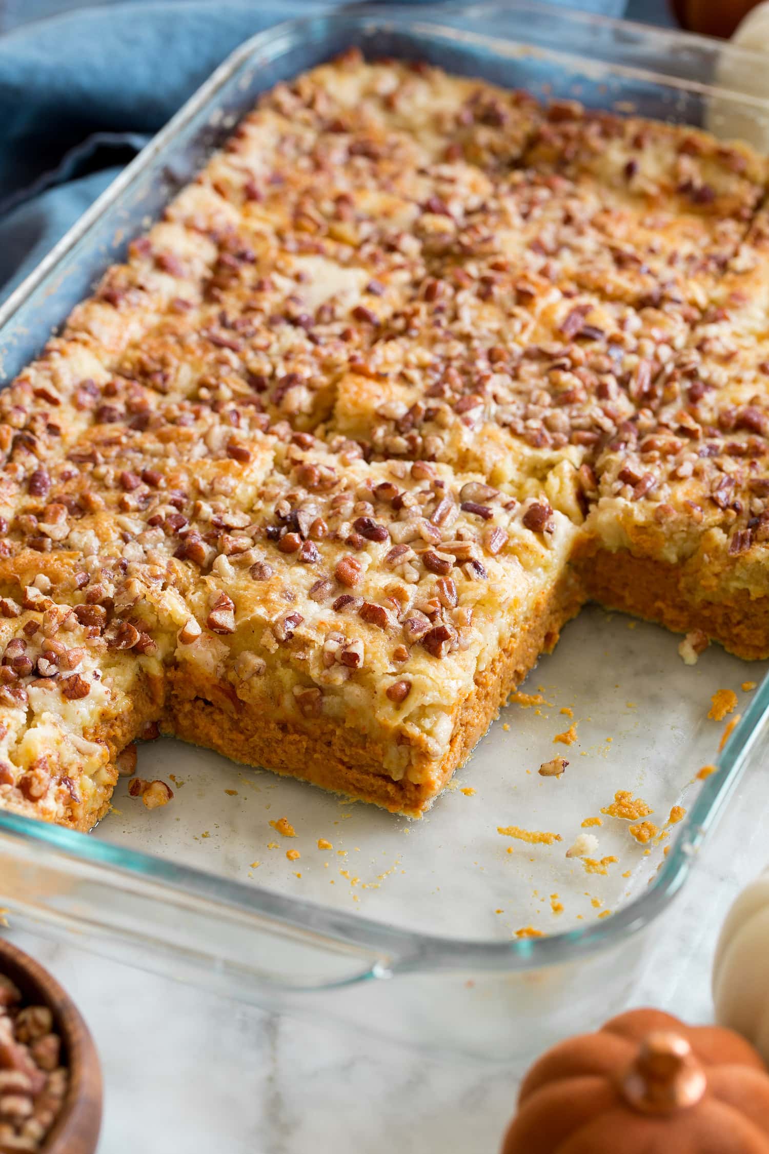 Close up pumpkin dump cake in pan.