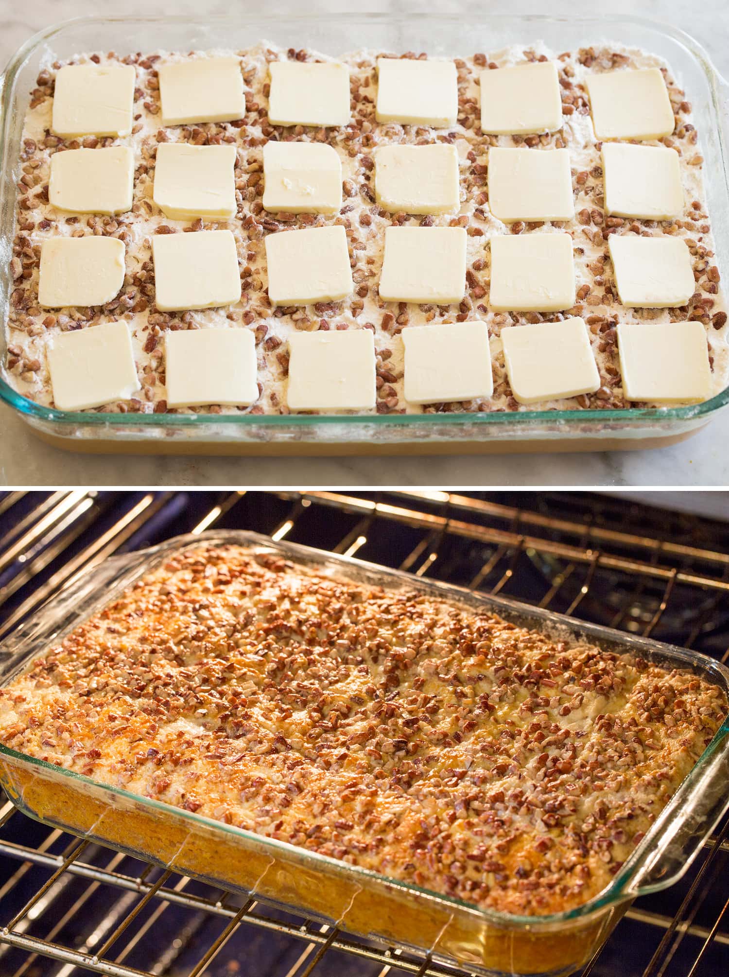 Adding butter slices atop cake and baking.