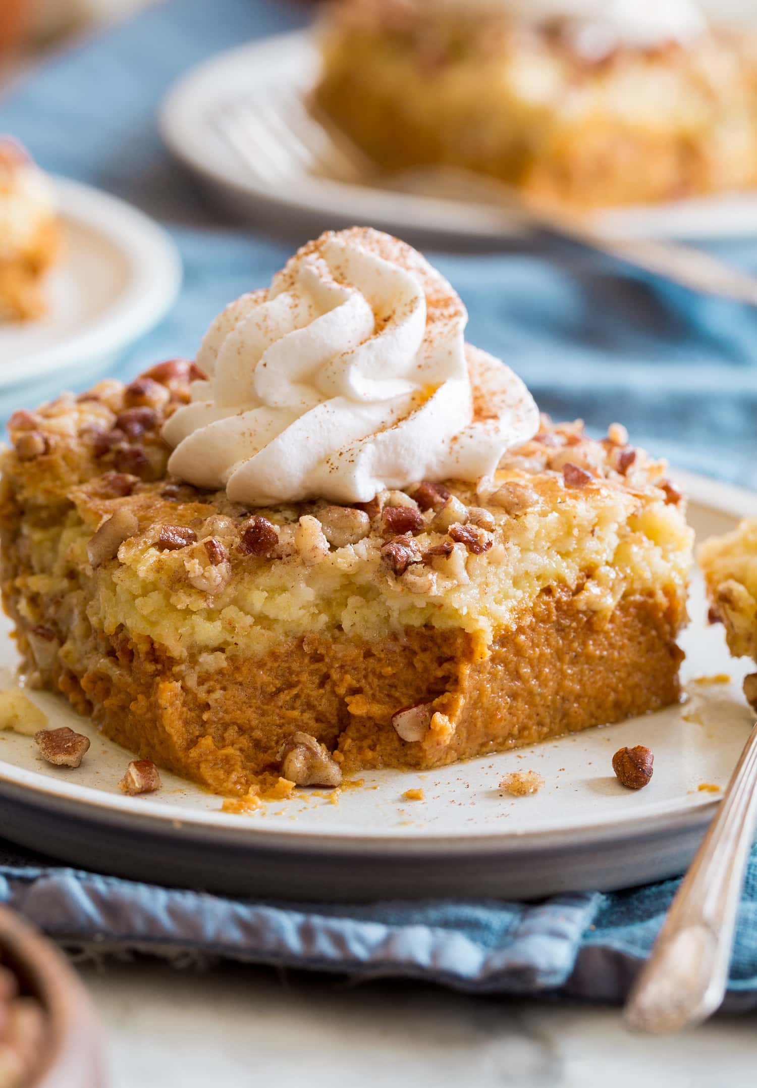 Sliced pumpkin dump cake in pan. Dump cake made with easy pumpkin pie filling, cake mix, butter, pecans and whipped cream.