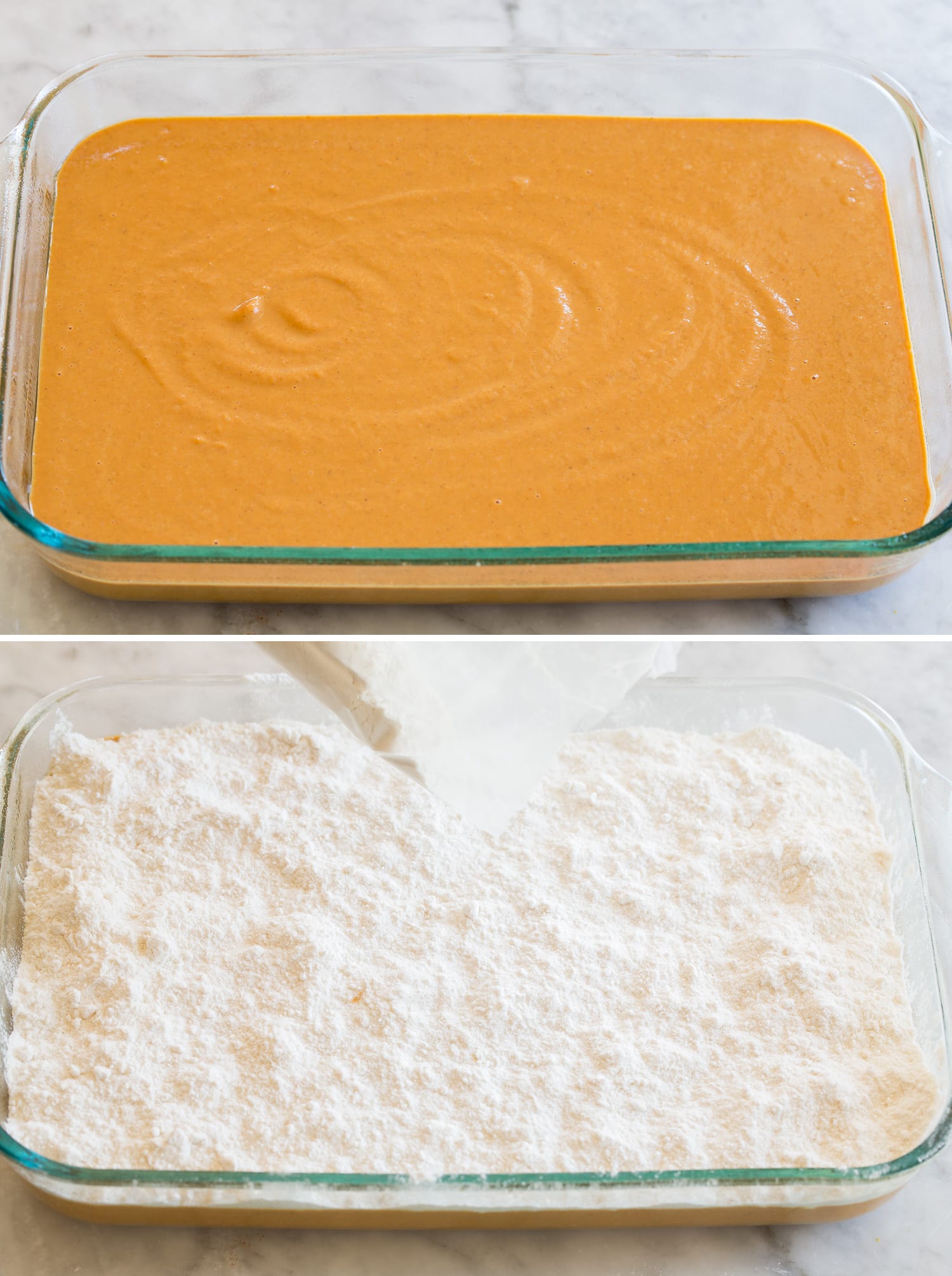 Pumpkin Dump Cake Layering dump cake in baking dish.