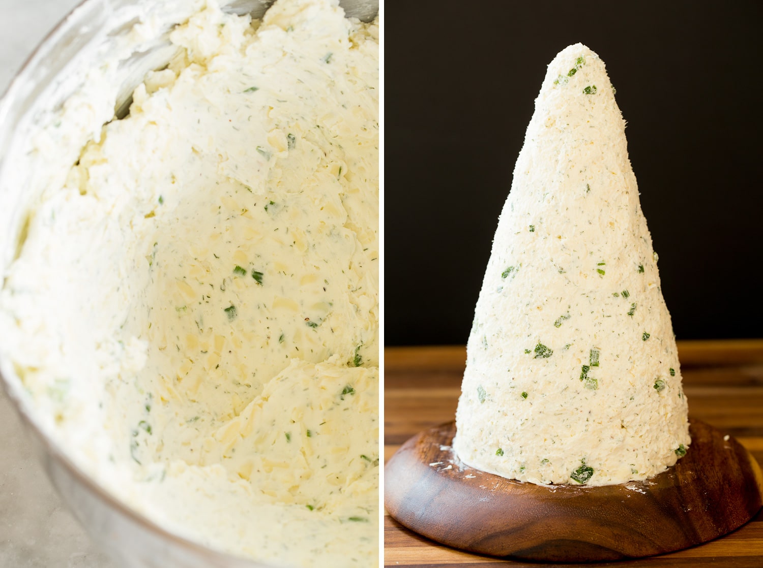 Christmas Tree Cheese Ball Shaping a cheese ball mixture into a cone or tree shape.