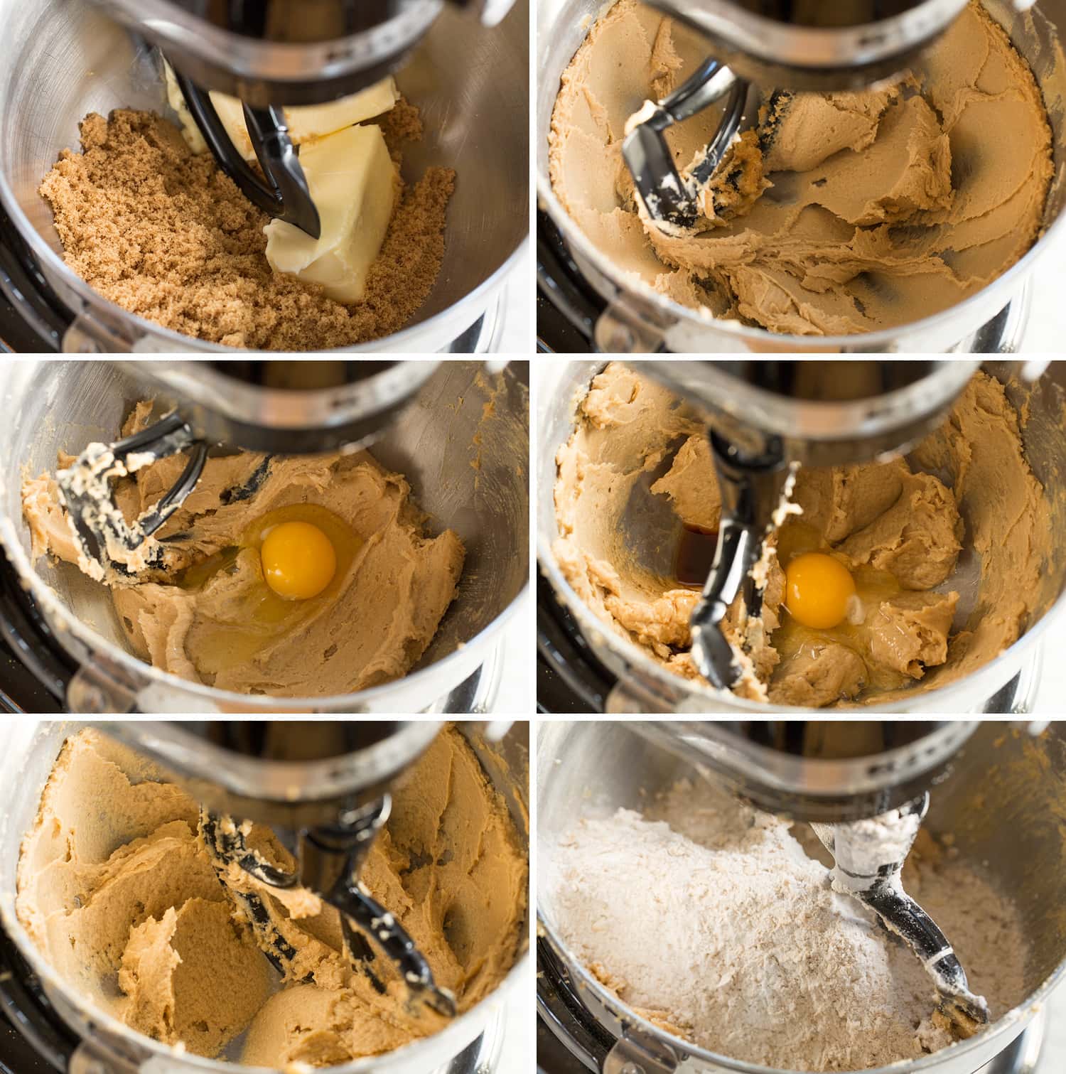 Iced Oatmeal Cookies Steps for making iced oatmeal cookie dough in a stand mixer bowl.