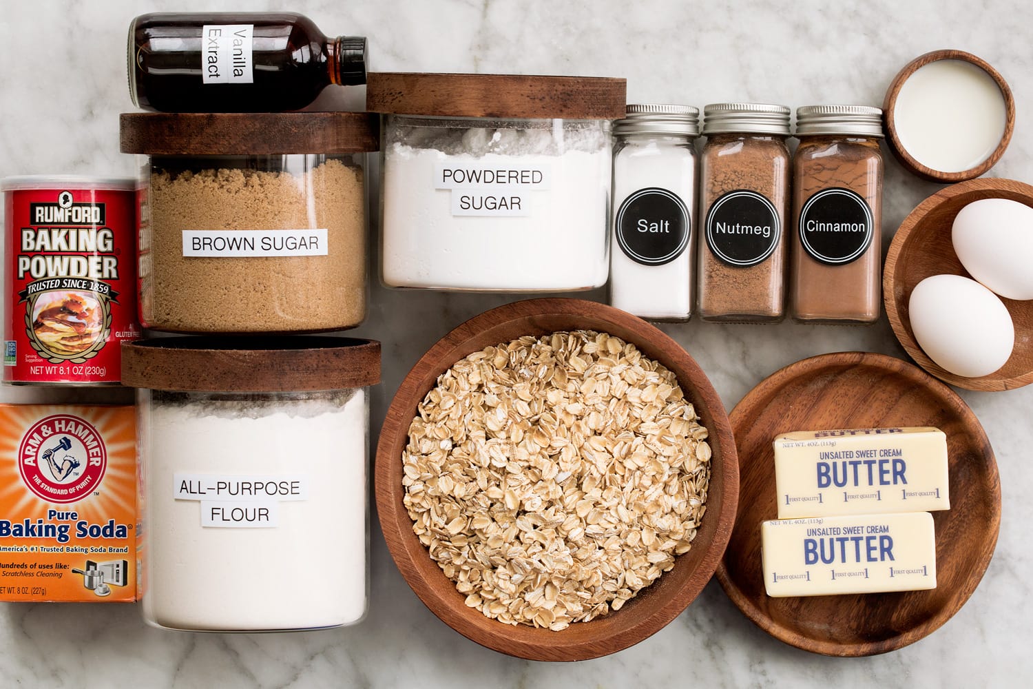 Iced Oatmeal Cookies Ingredients used to make homemade iced oatmeal cookies.