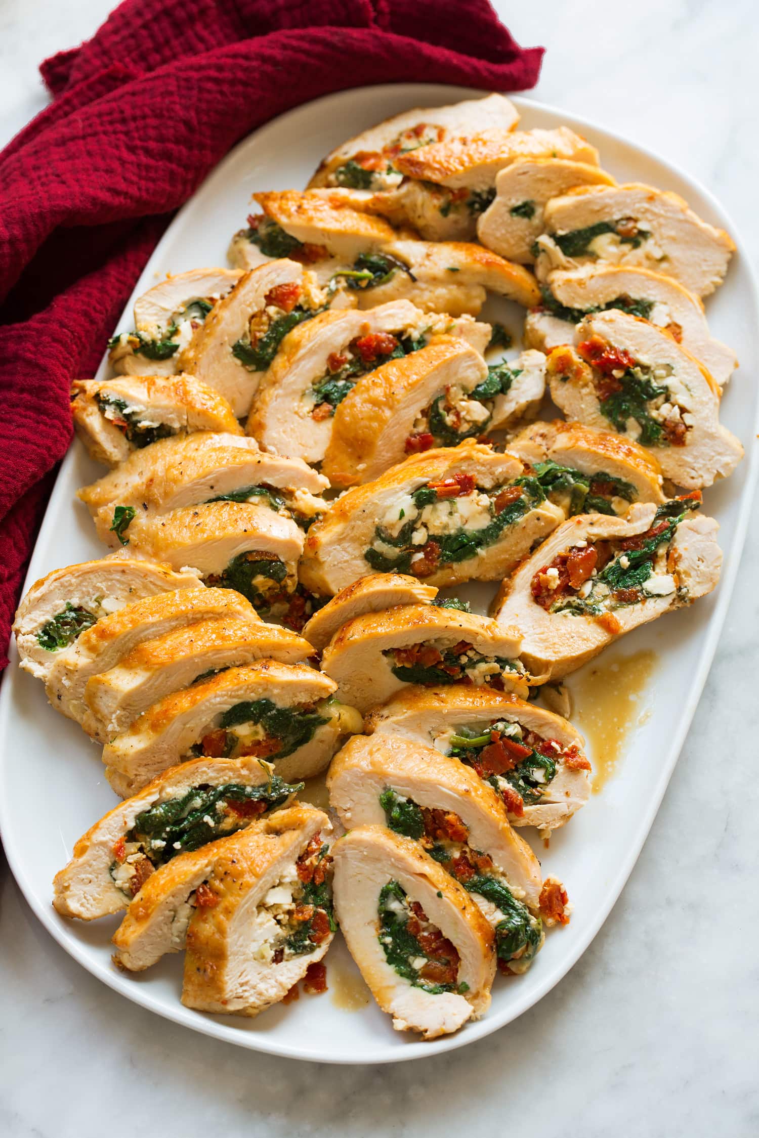 Stuffed Chicken Breasts Sliced stuffed chicken breasts.