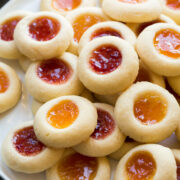 Homemade thumbprint cookies filled with raspberry, strawberry and apricot jam.