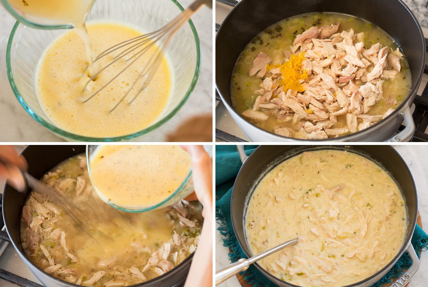 Avgolemono Soup Adding thickeners and chicken to soup.