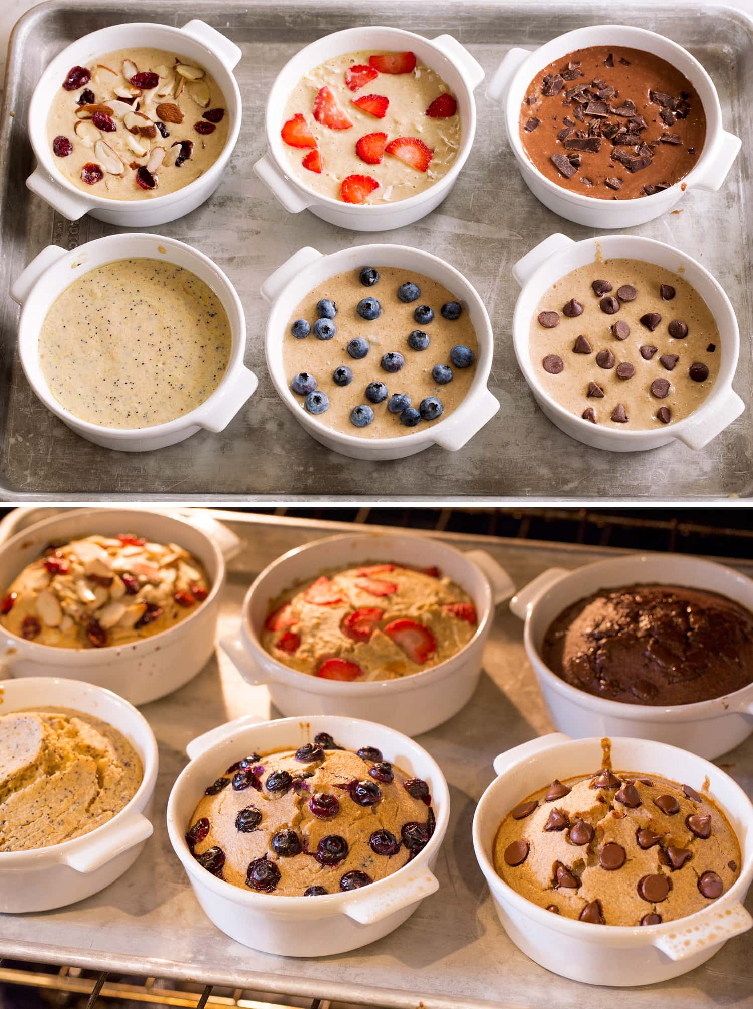 Baked oats Baked oats shown in ramekins before and after baking.