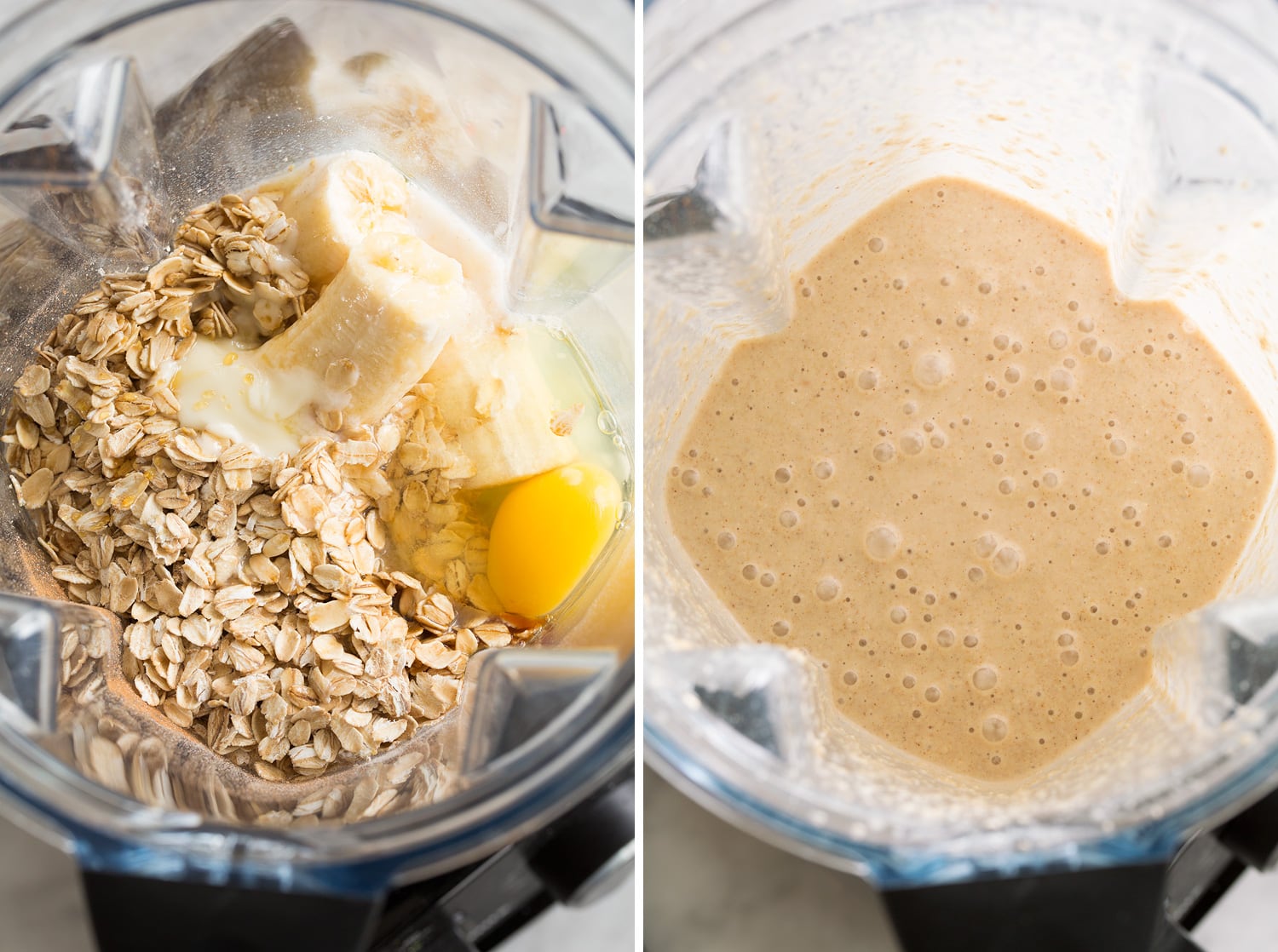 Baked Oats Oat mixture shown in blender before and after mixing.