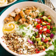 Close up photo of healthy Greek bowl.