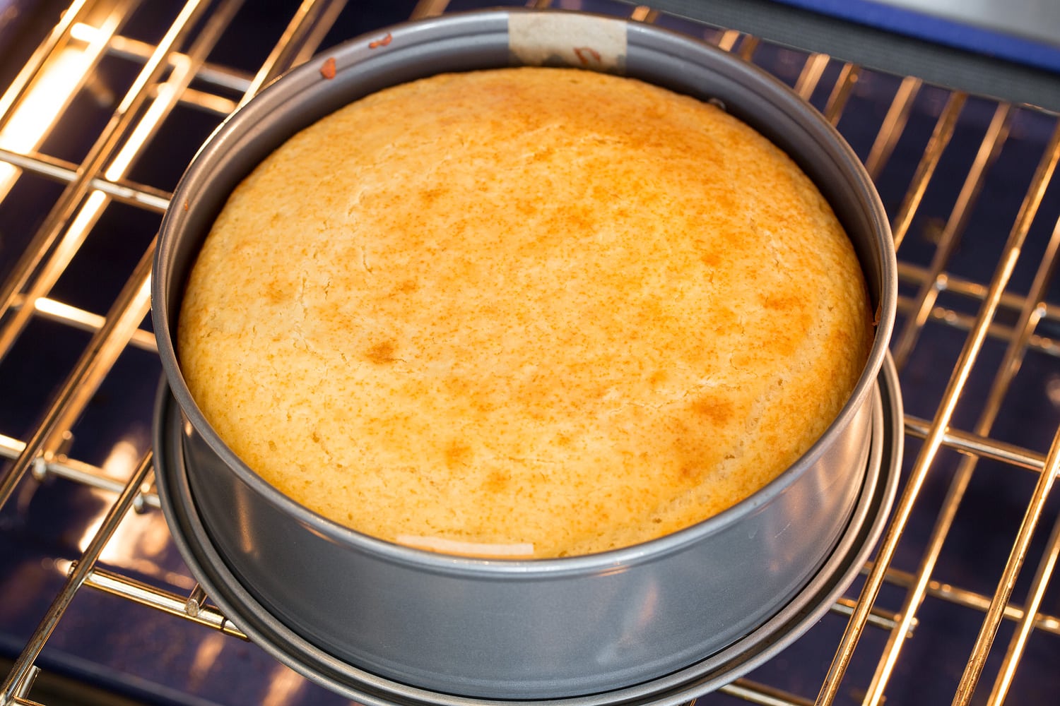 Yogurt Cake Yogurt cake baking in oven in springform pan.