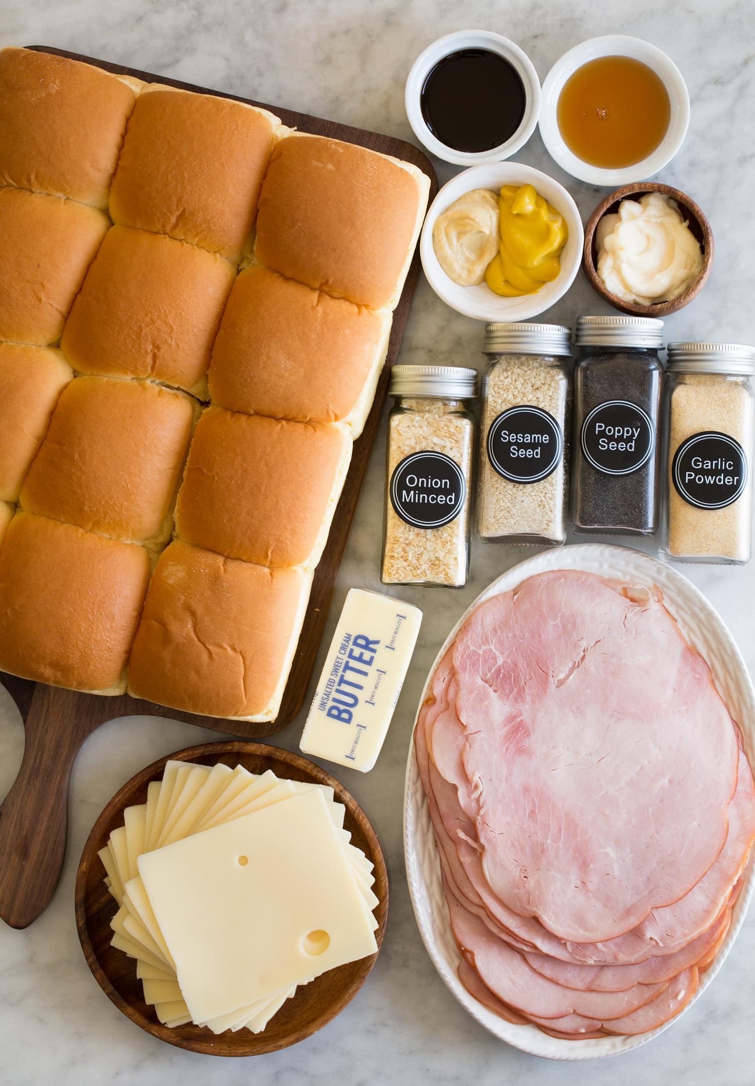 Ham and Cheese Sliders Ingredients needed for ham and cheese sliders.