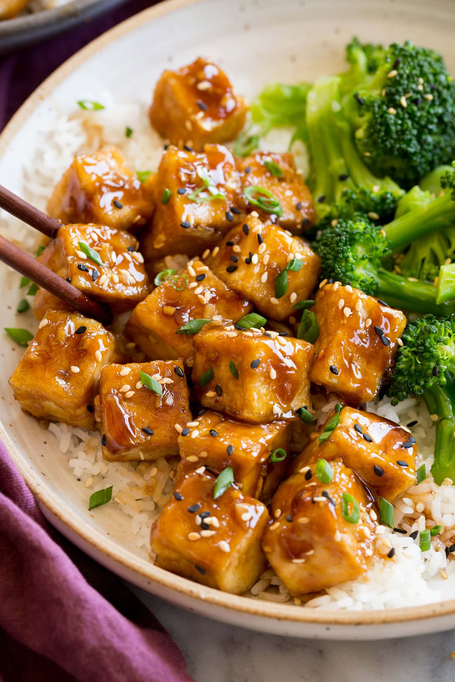 Close up photo of tofu cubes covered in homemade vegan teriyaki sauce.