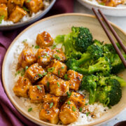 Vegan teriyaki tofu and broccoli with rice.