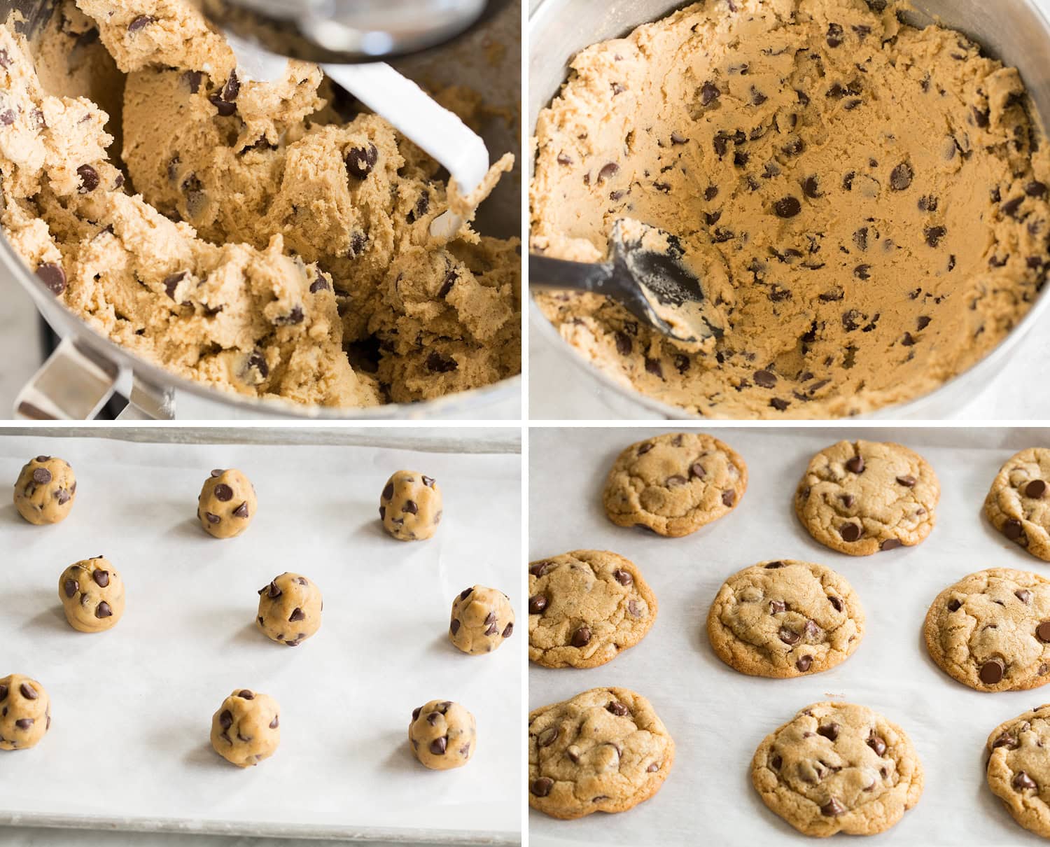 Browned Butter Chocolate Chip Cookies Finished cookie dough shown shaped into rounds then baked on a baking sheet.