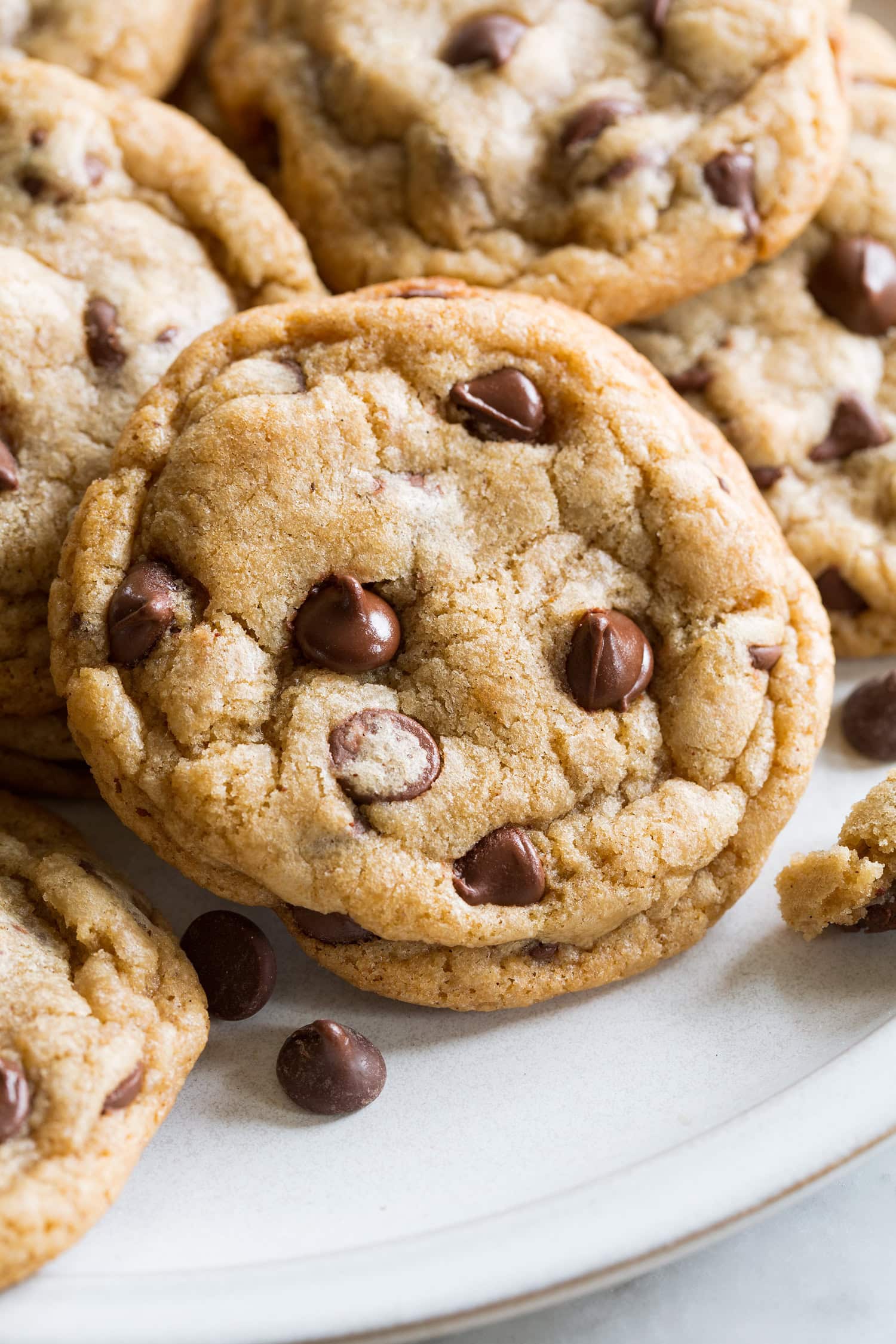 Brown Butter Chocolate Chip Cookies Close up photo of a browned butter chocolate chip cookie.
