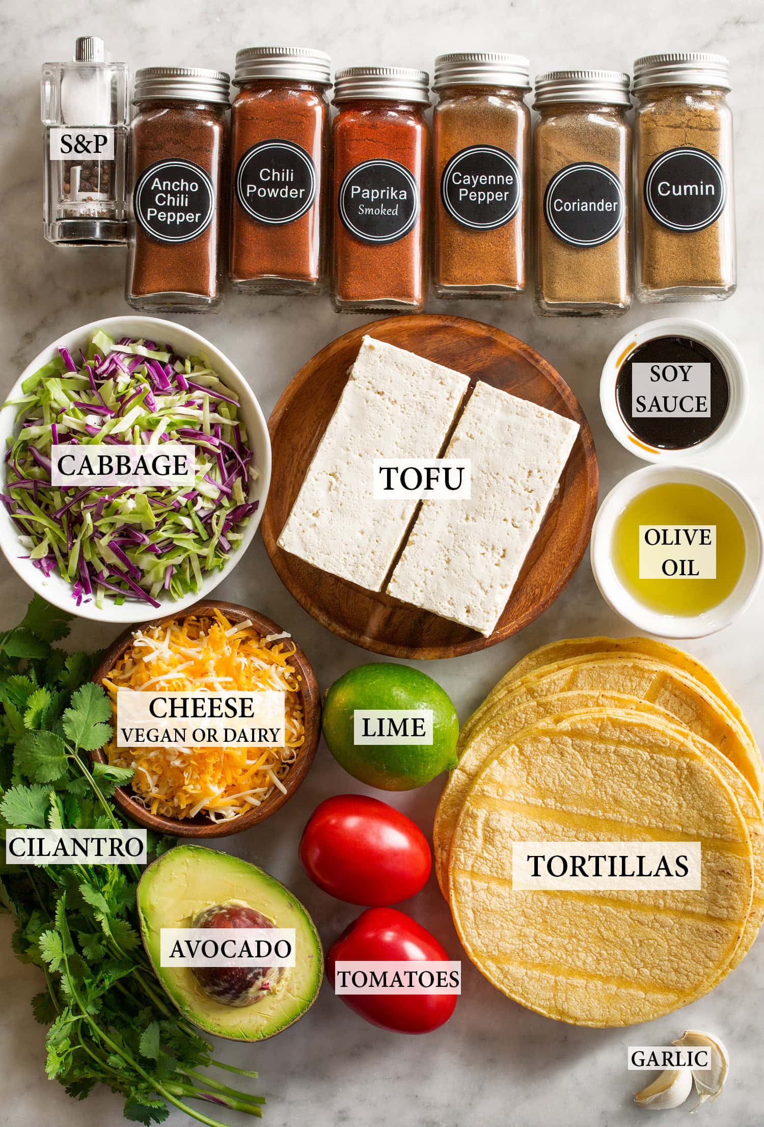 Tofu Tacos Ingredients used to make tofu tacos shown.