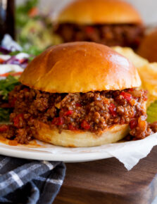 Close up image of sloppy joes showing texture and sauce.
