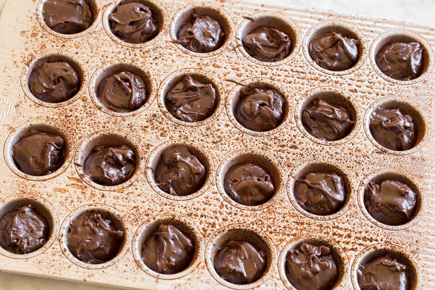 Add flour and cocoa powder and stir mixture until combined, while scraping sides and bottom of bowl. Stir in chocolate chips. Brownie batter added to mini muffin pan wells.
