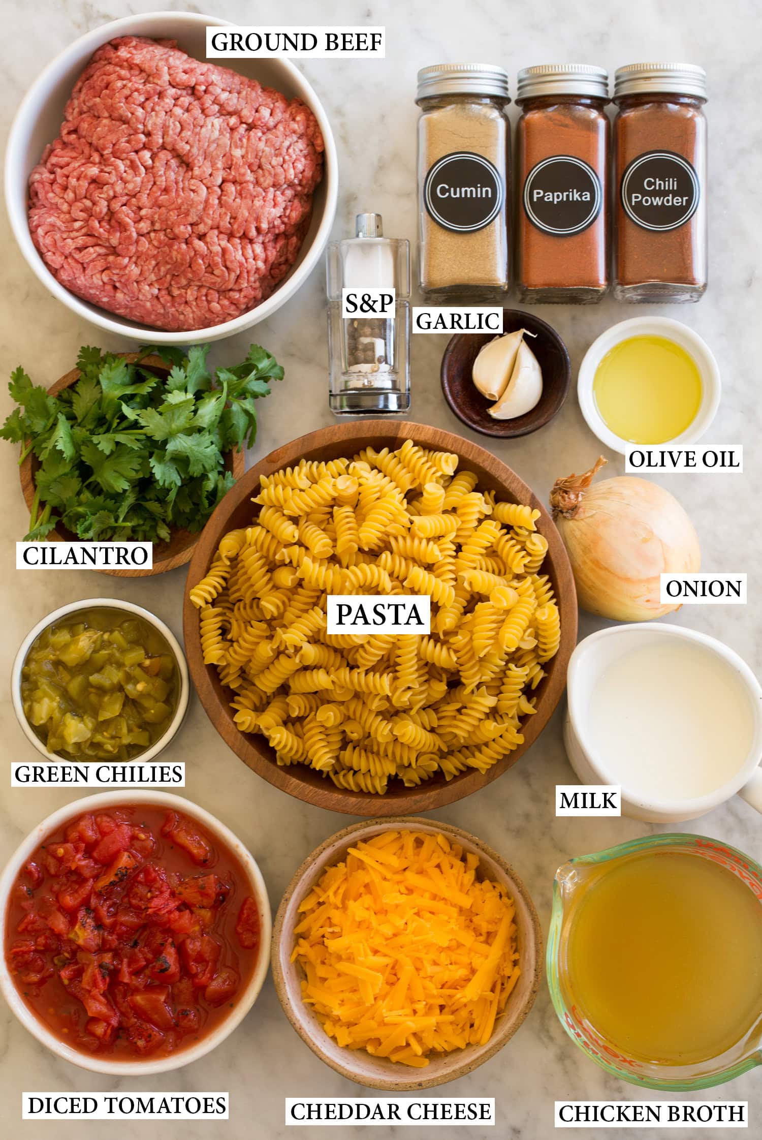 Taco Pasta Ingredients used to make taco pasta.