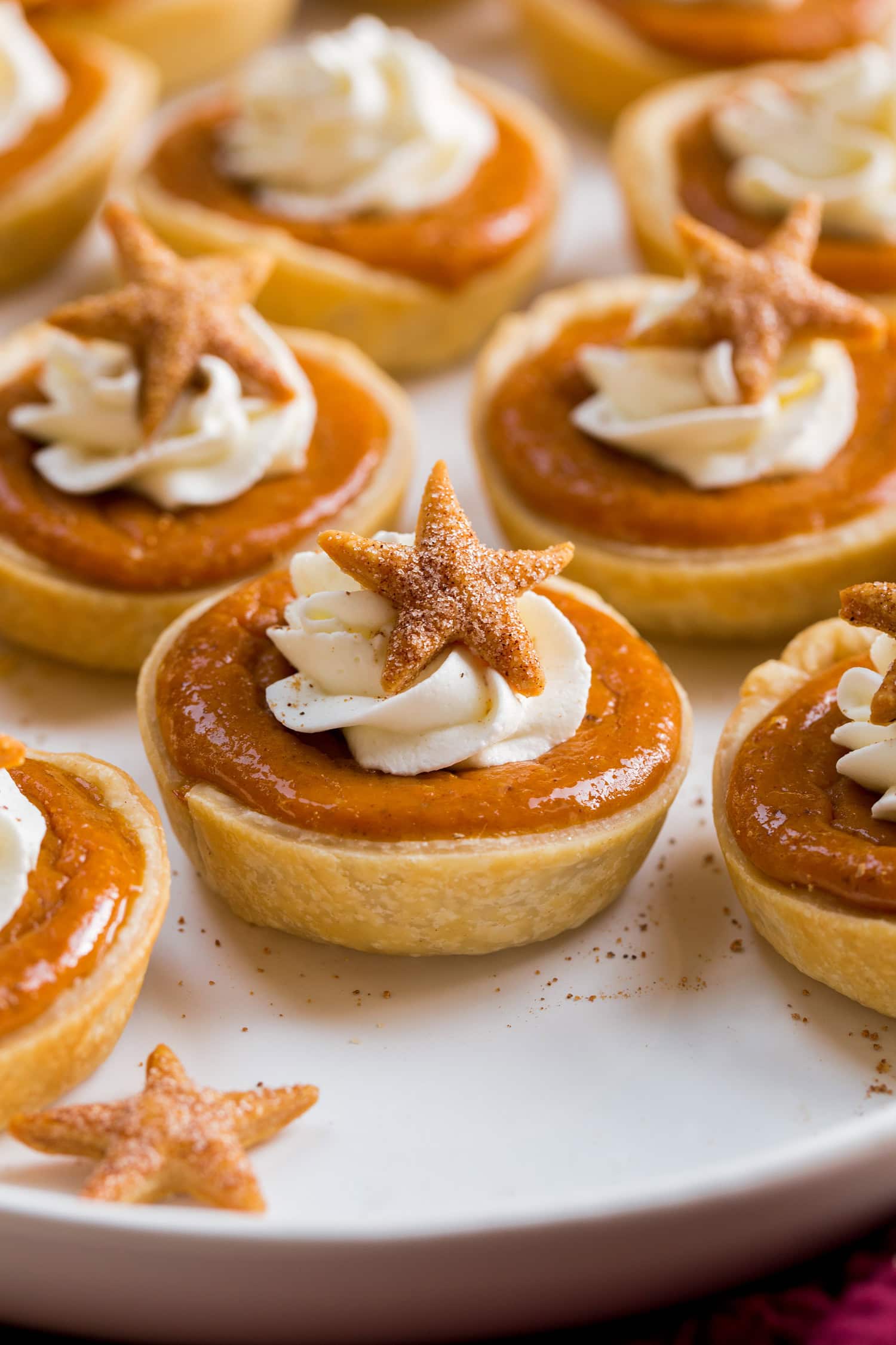 Mini Pumpkin Pies Close up photo of mini pumpkin pie with whipped cream and star garnish.