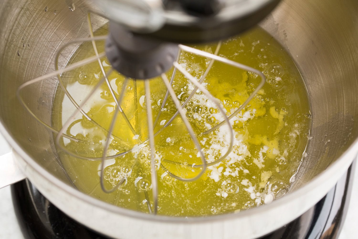 Chocolate Angel Food Cake Egg whites and cream of tartar in stand mixer.