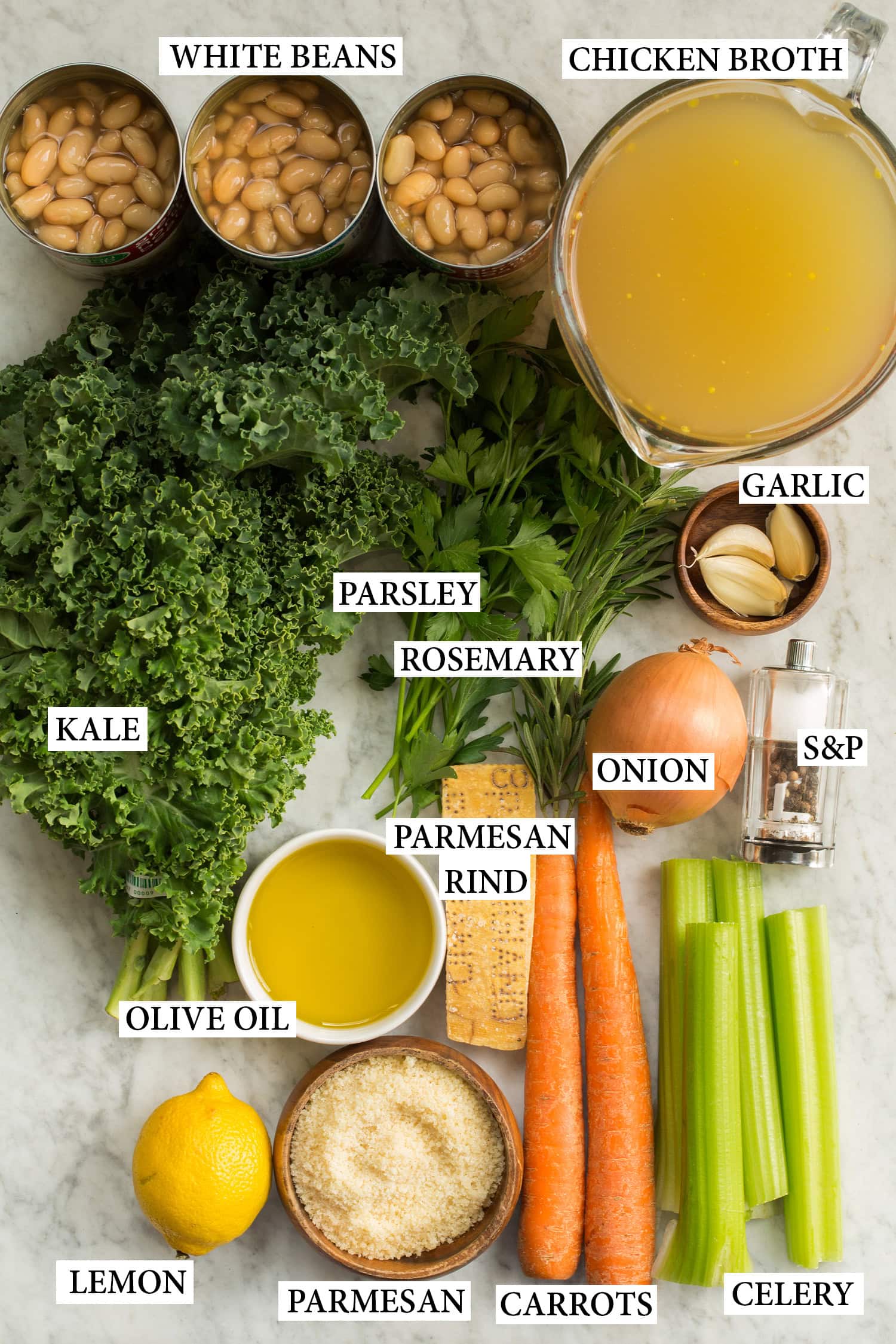 White Bean and Kale Soup Ingredients needed to make white bean kale soup.