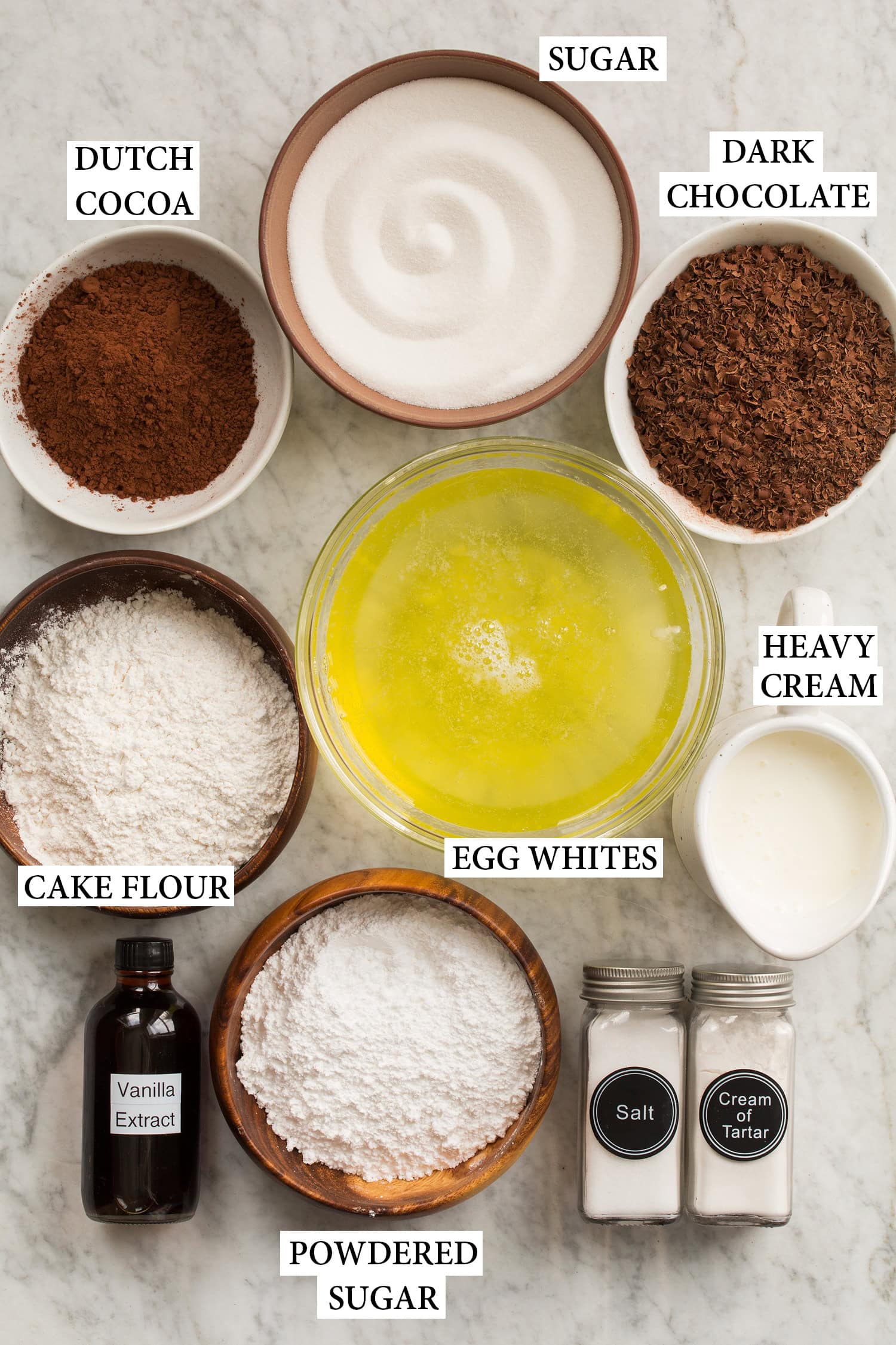 Chocolate Angel Food Cake Ingredients used to make chocolate angel food cake.