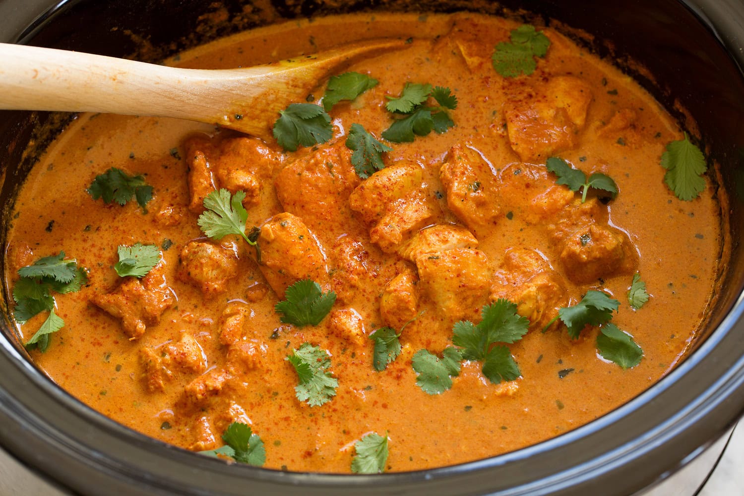 Slow Cooker Chicken Tikka Masala Finished chicken tikka masala in slow cooker.