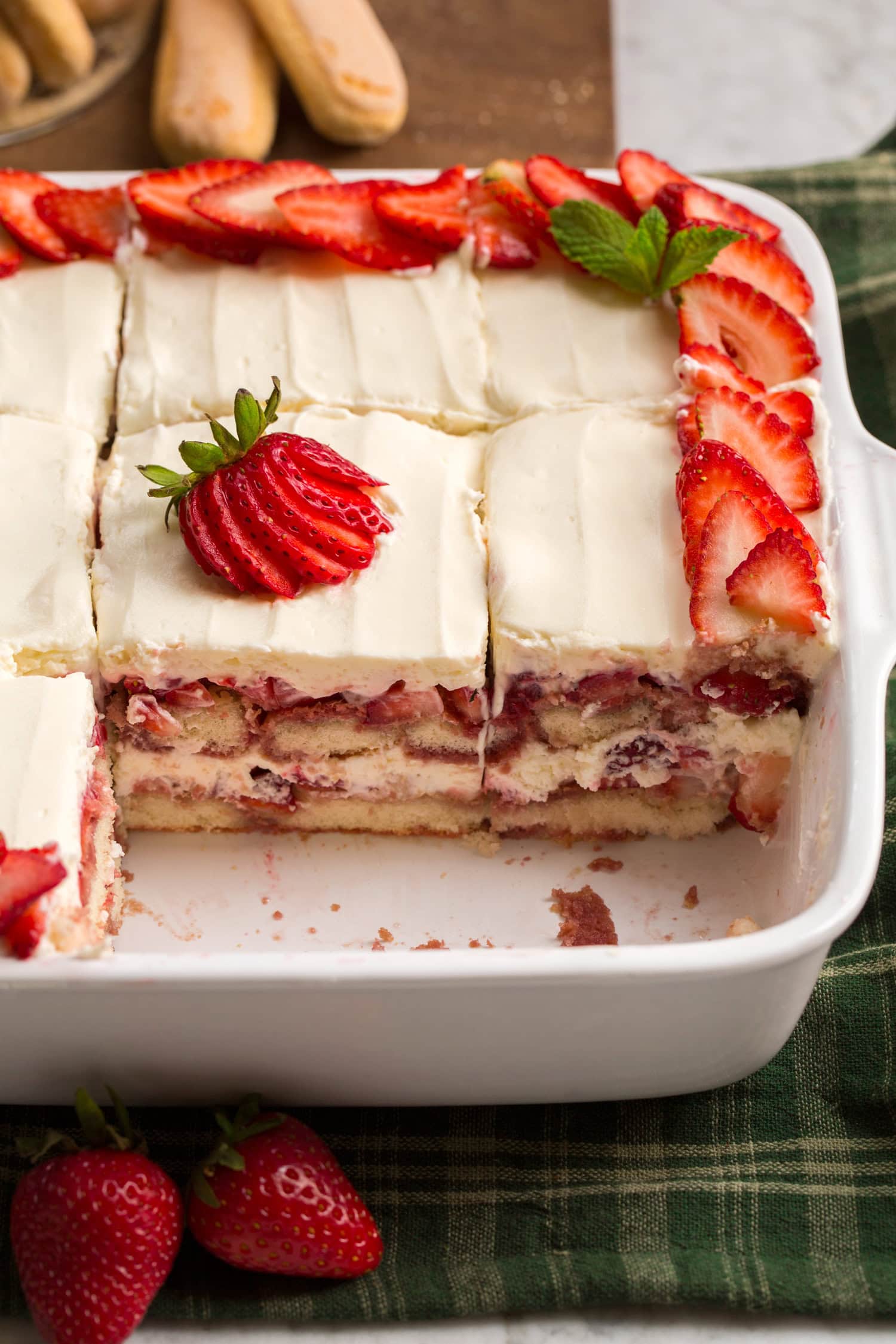 Strawberry Cheesecake Tiramisu Sliced strawberry tiramisu.